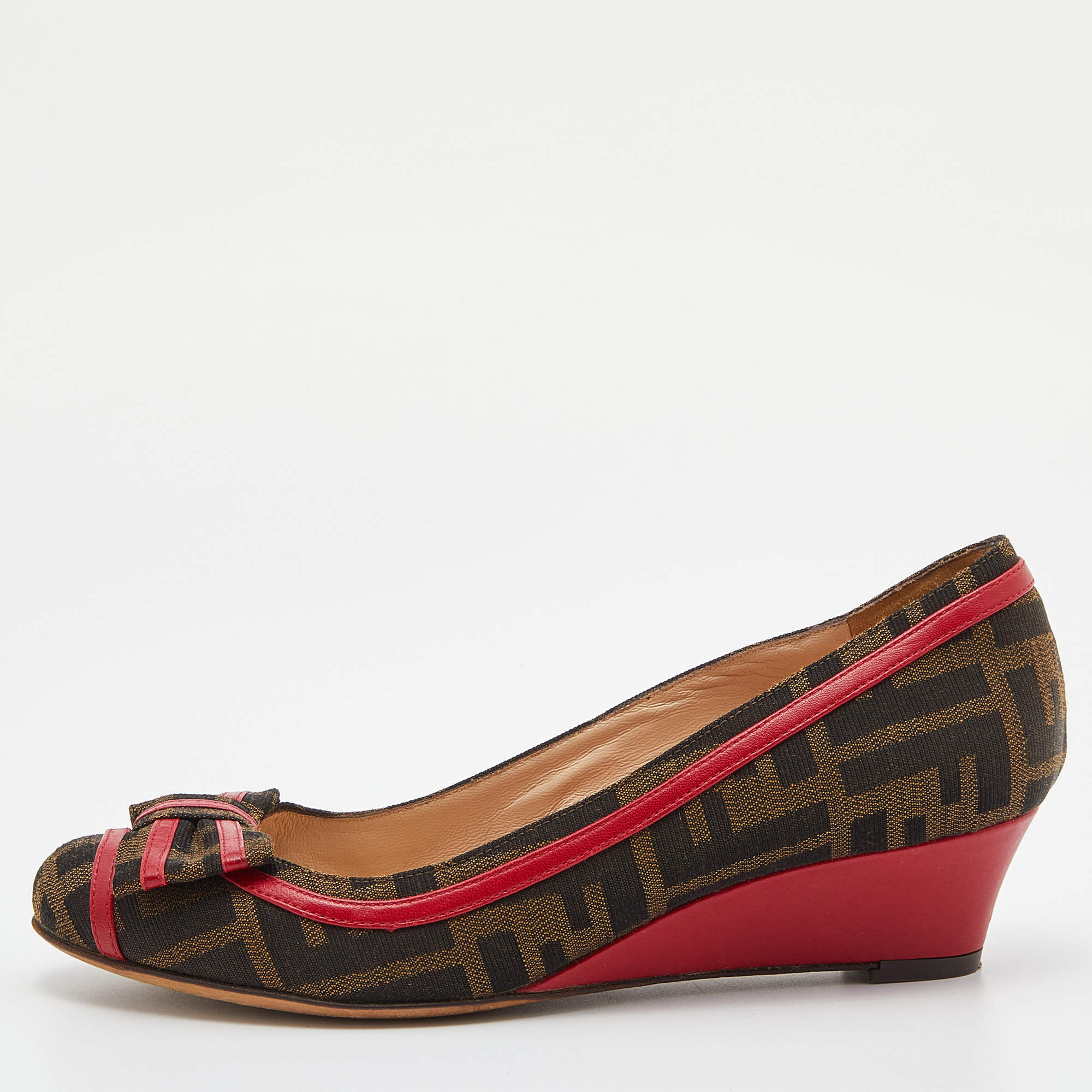 Pre Owned Fendi Brown/Red Zucca Canvas and Leather Trim Bow Wedge Pumps Size 37
