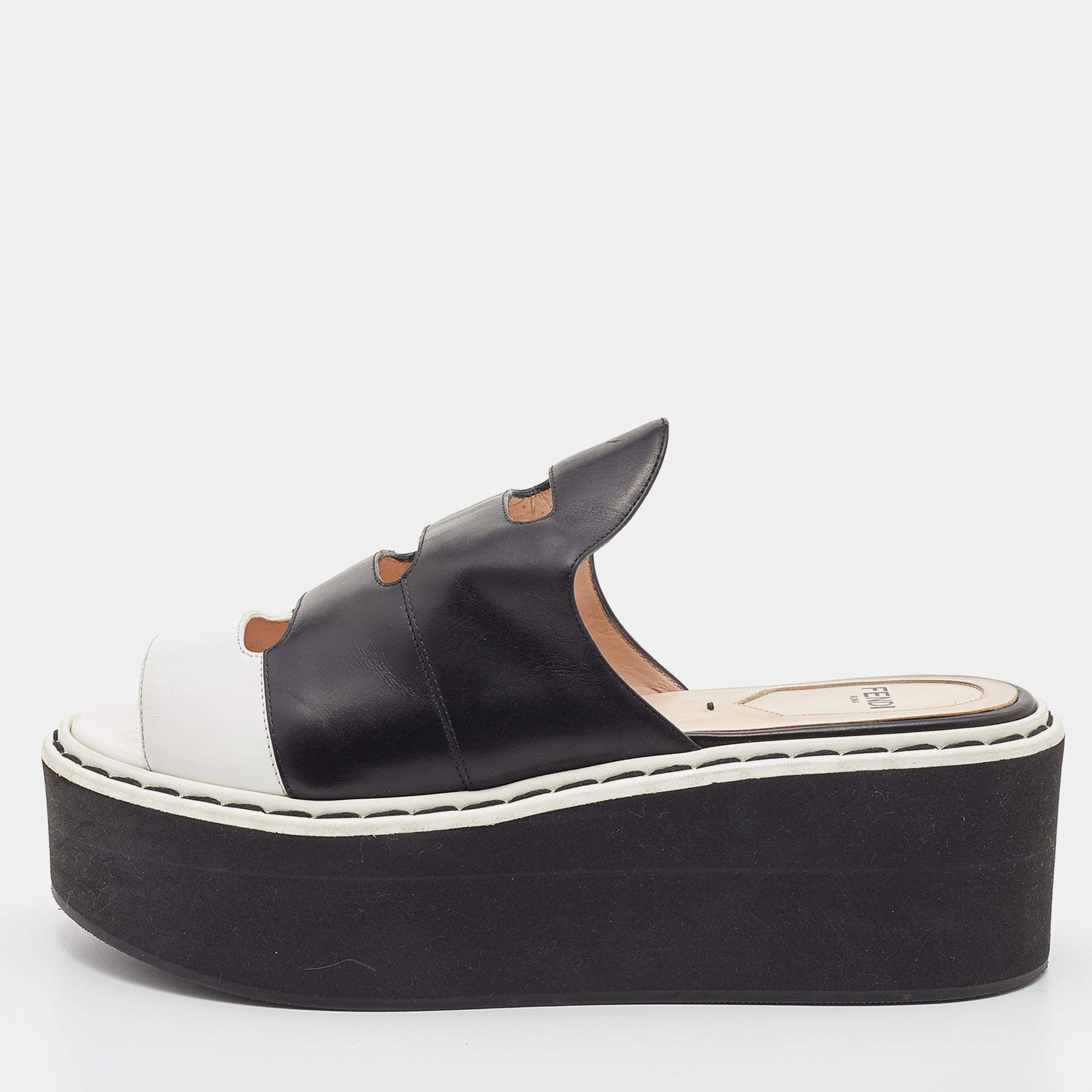 Fendi Black/White Leather Wedge Platform Slide Sandals Size 36