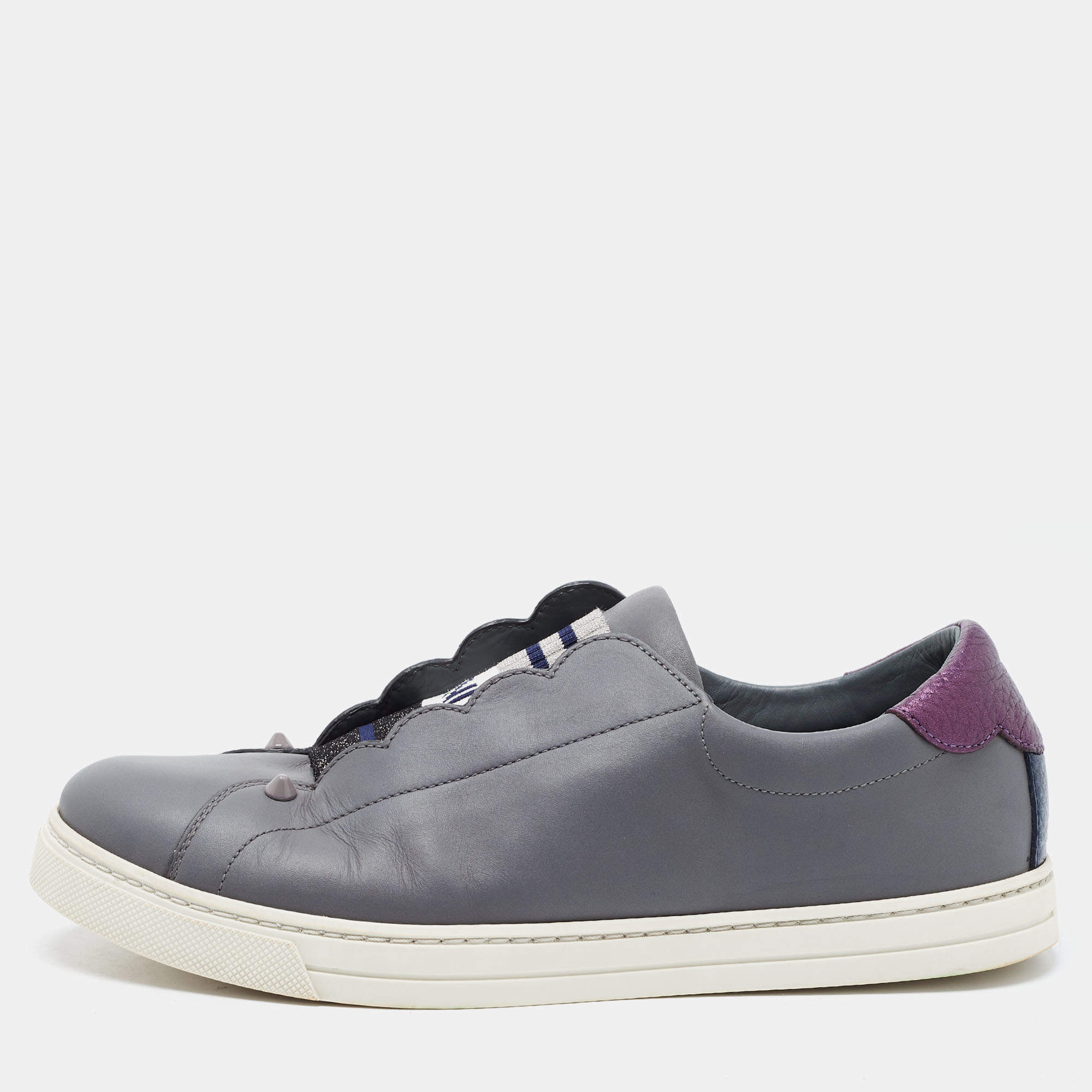 مملوكة مسبقًا Fendi Grey Leather Rockoko Slip On Sneakers Size 39
