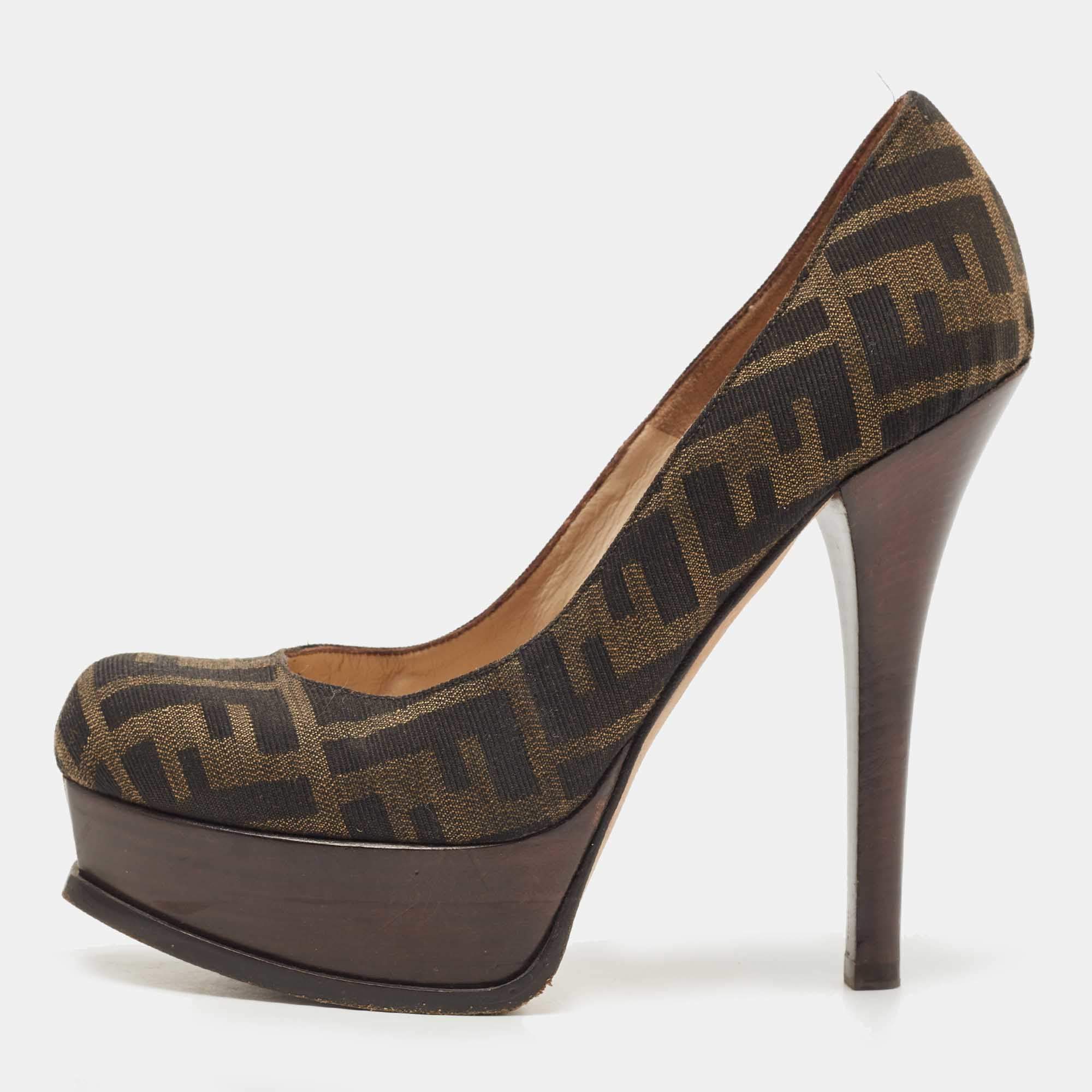 Pre Owned Fendi Brown Zucca Canvas Platform Pumps Size 38