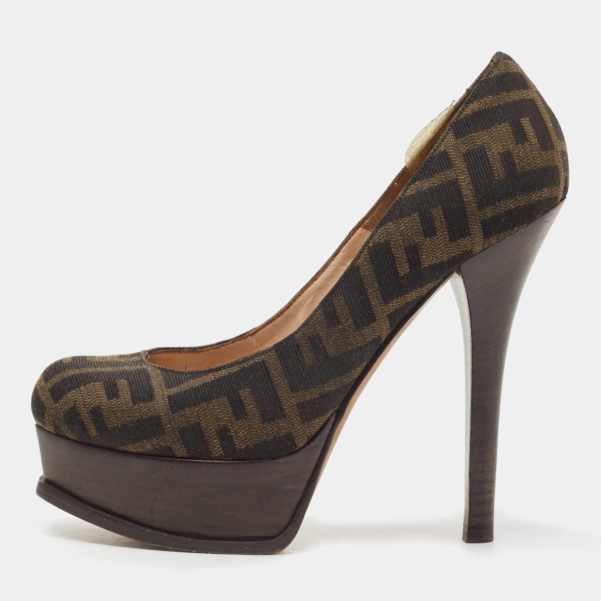 Pre Owned Fendi Brown Zucca Canvas Fendista Platform Pumps Size 37.5