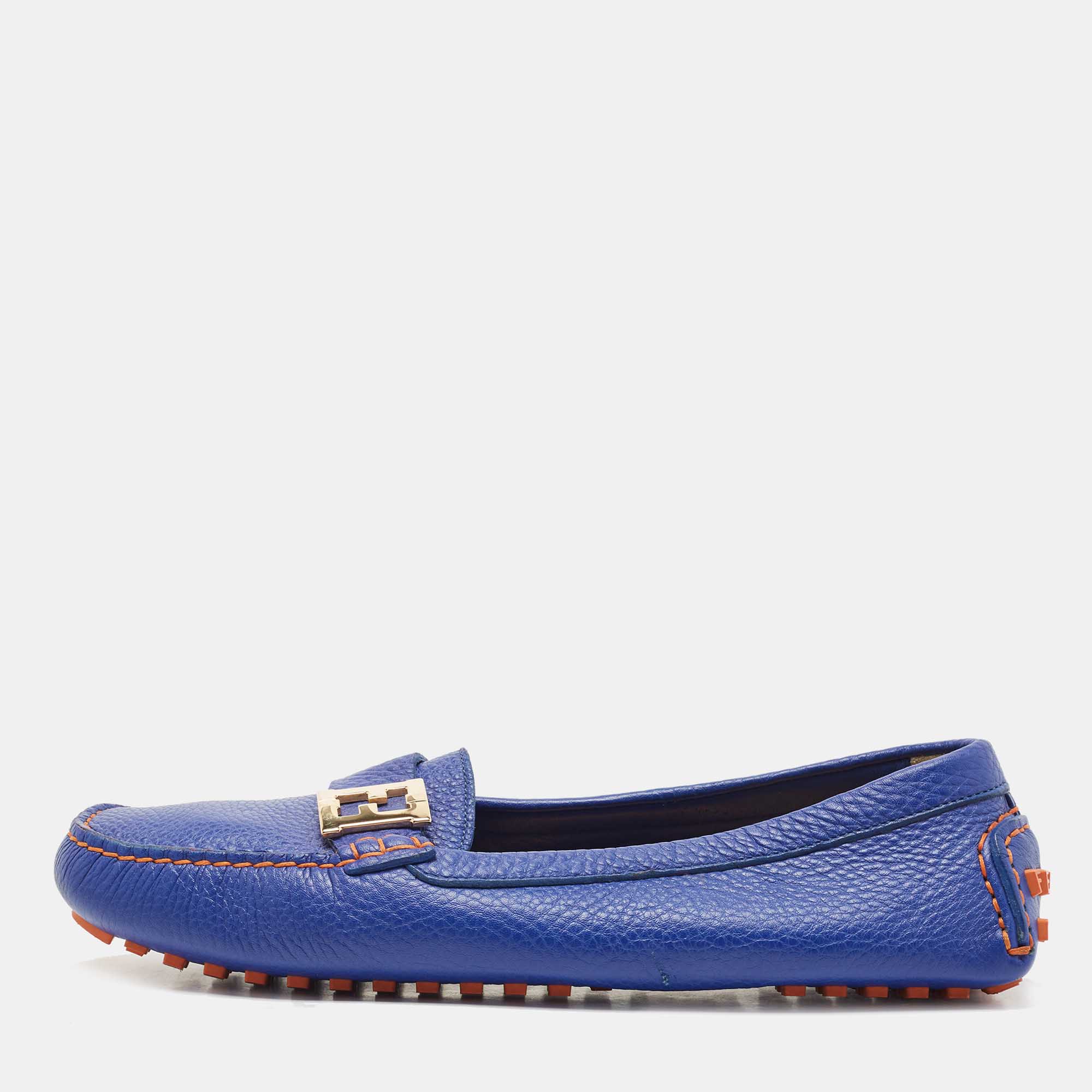 Pre Owned Fendi Blue Leather FF Buckle Slip On Loafers Size 40