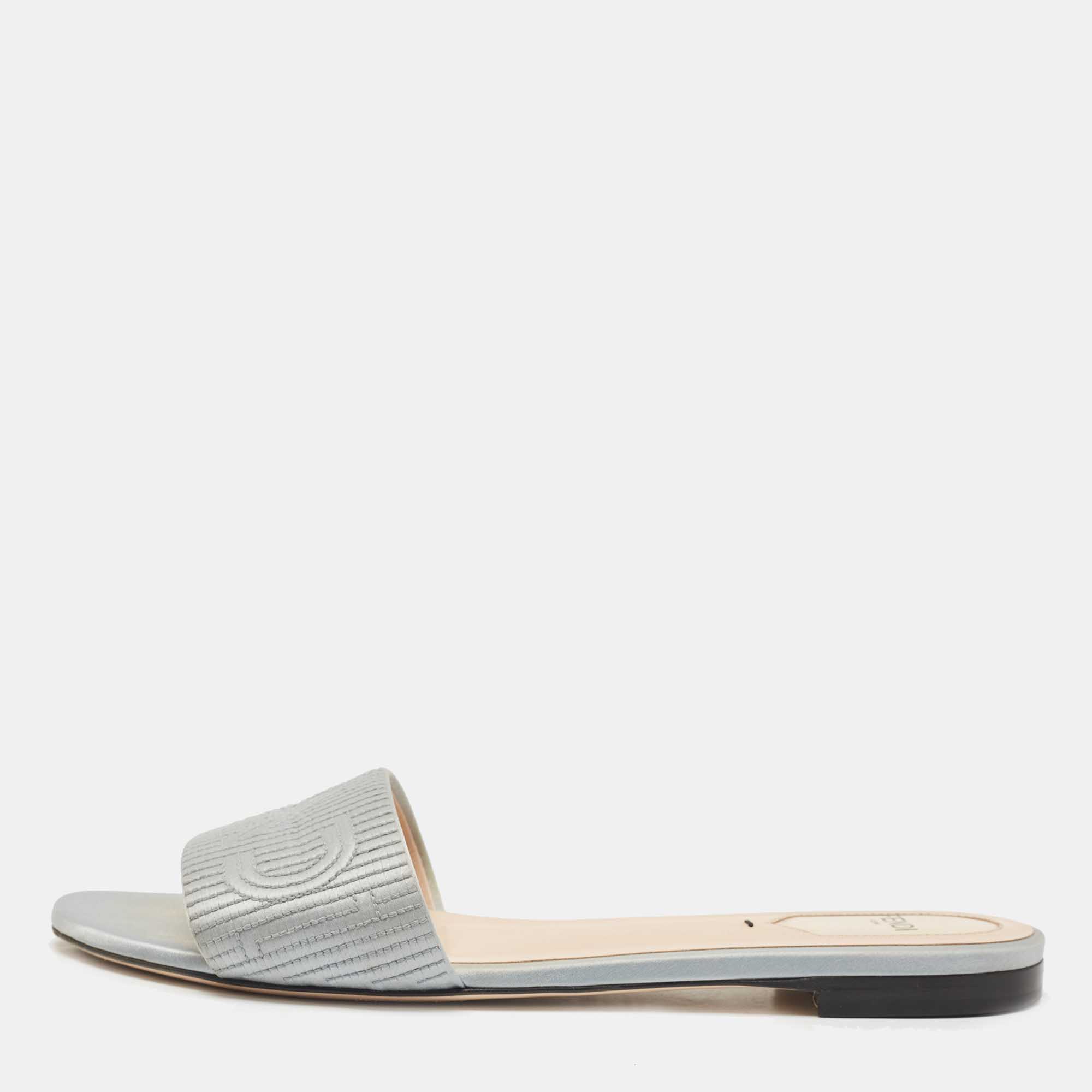 Pre Owned Fendi Grey Satin Logo Embroidered  Flat Slides Size 39.5