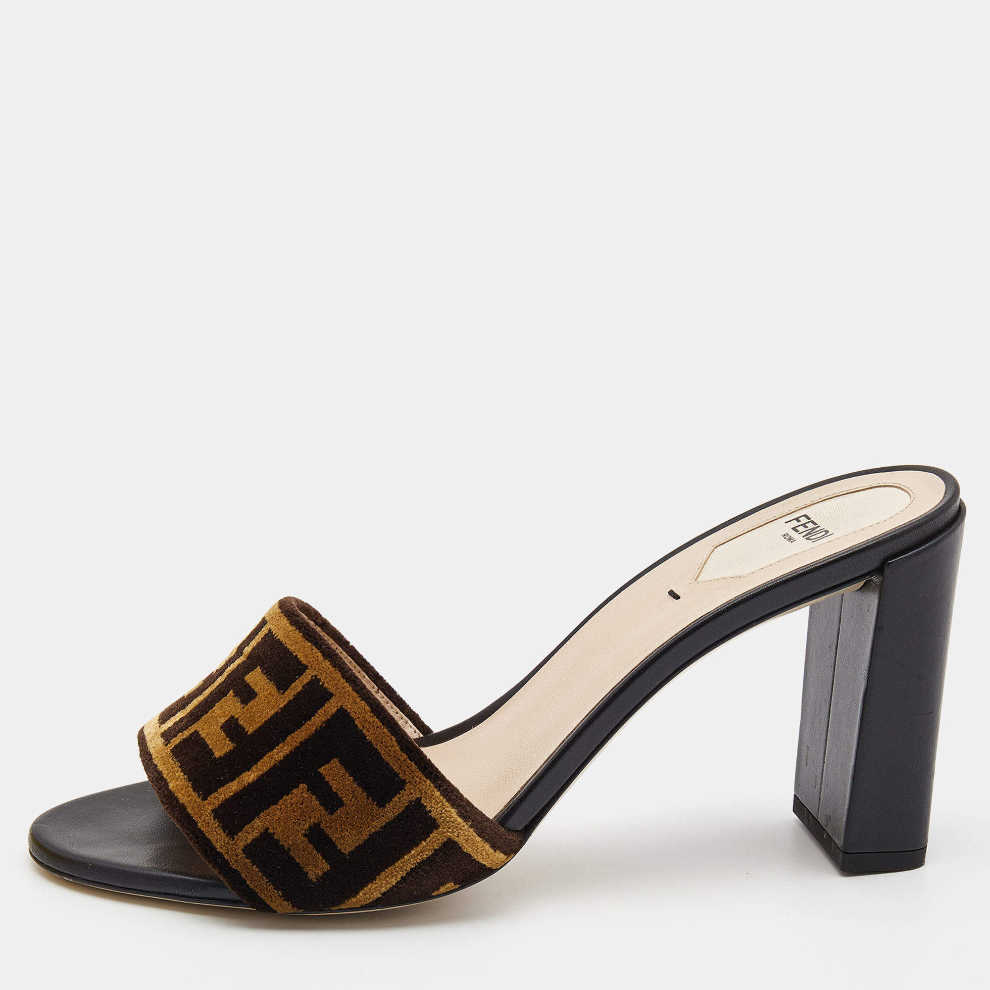 Pre Owned Fendi Brown Velvet FF Logo Slide Sandals Size 40