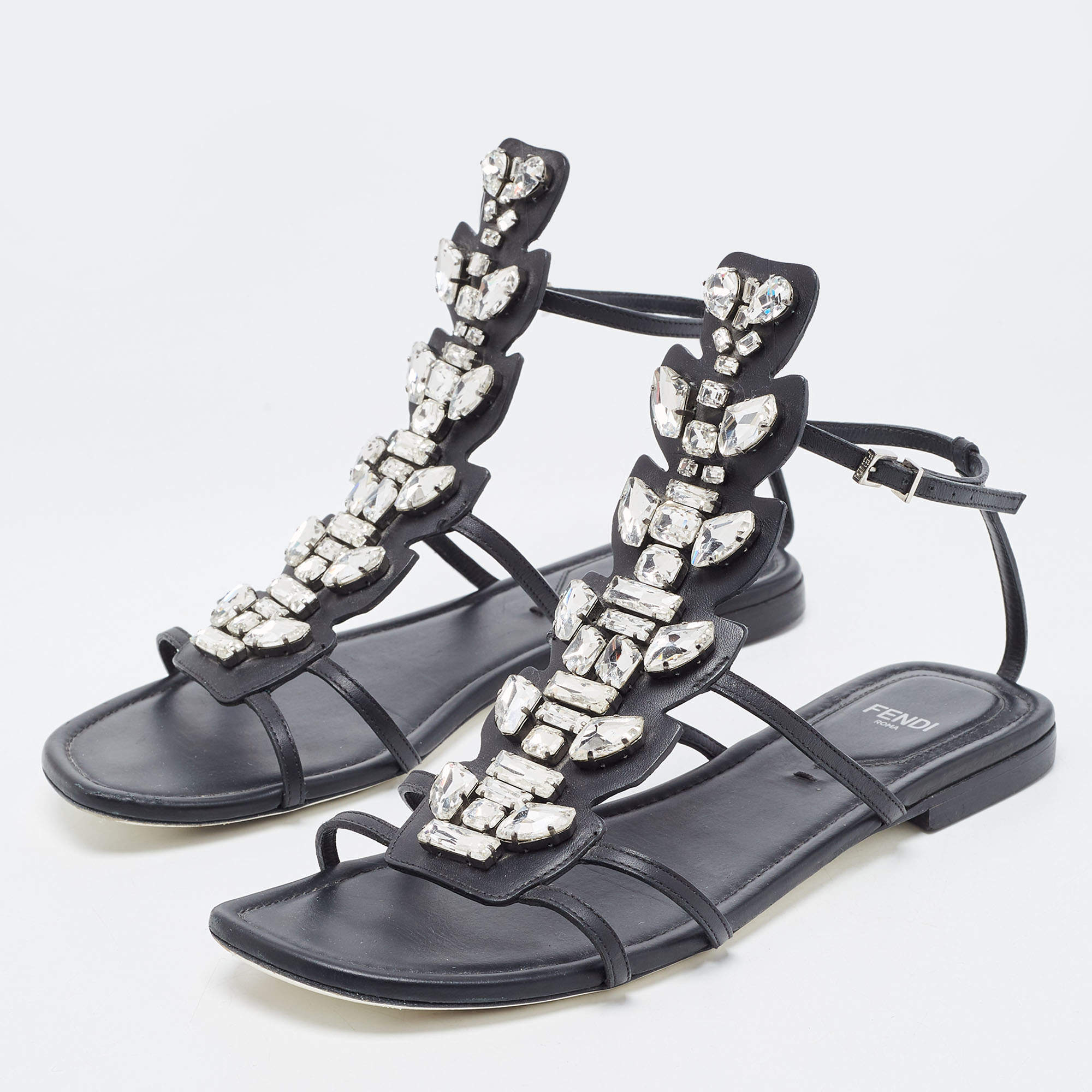 Amina Muaddi Satin Crystal Embellishments Gladiator Sandals - Black Sandals,  Shoes - AMINM24218 | The RealReal