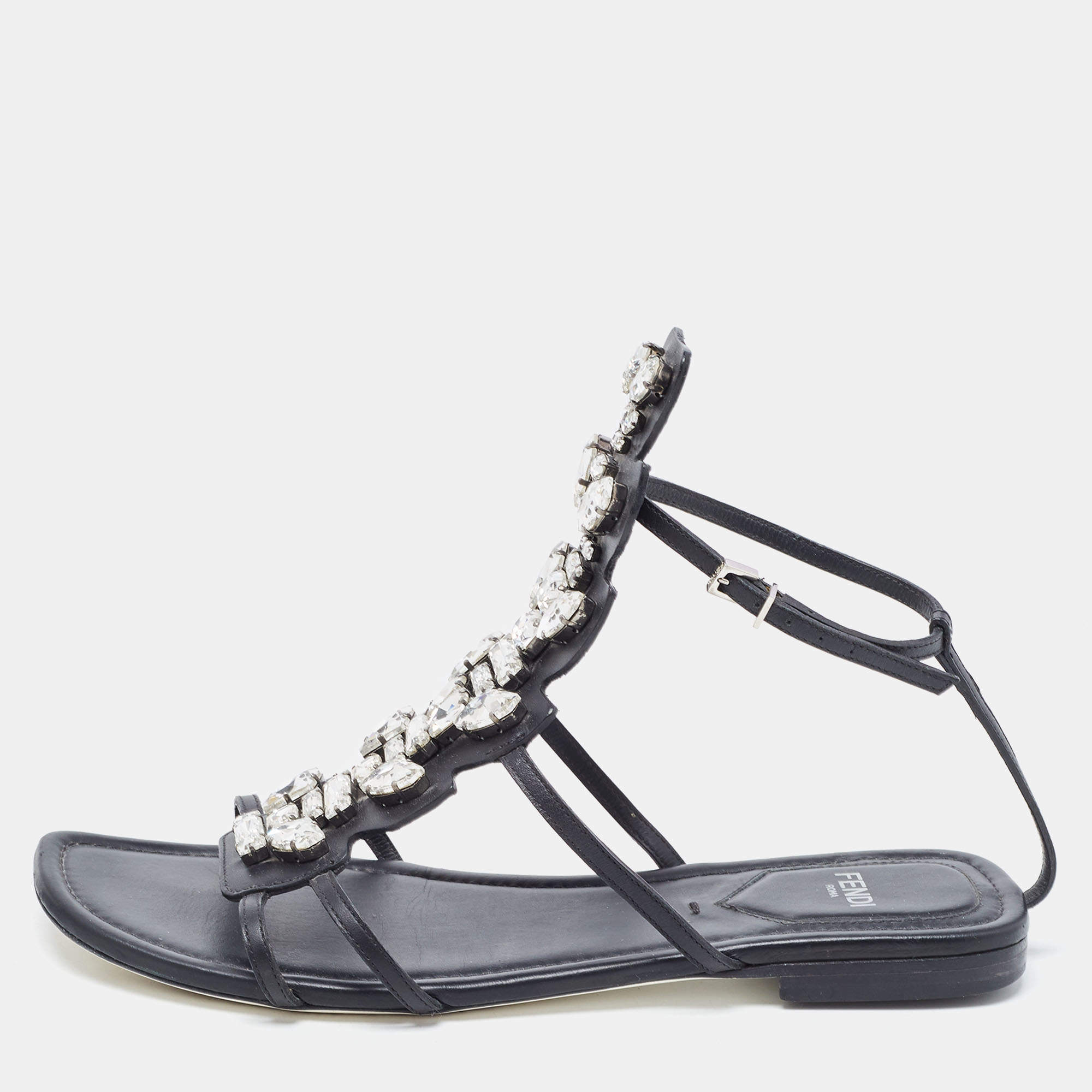 Fendi Black Leather Crystal Embellished Strappy Flat Sandals Size 37.5 Fendi | TLC