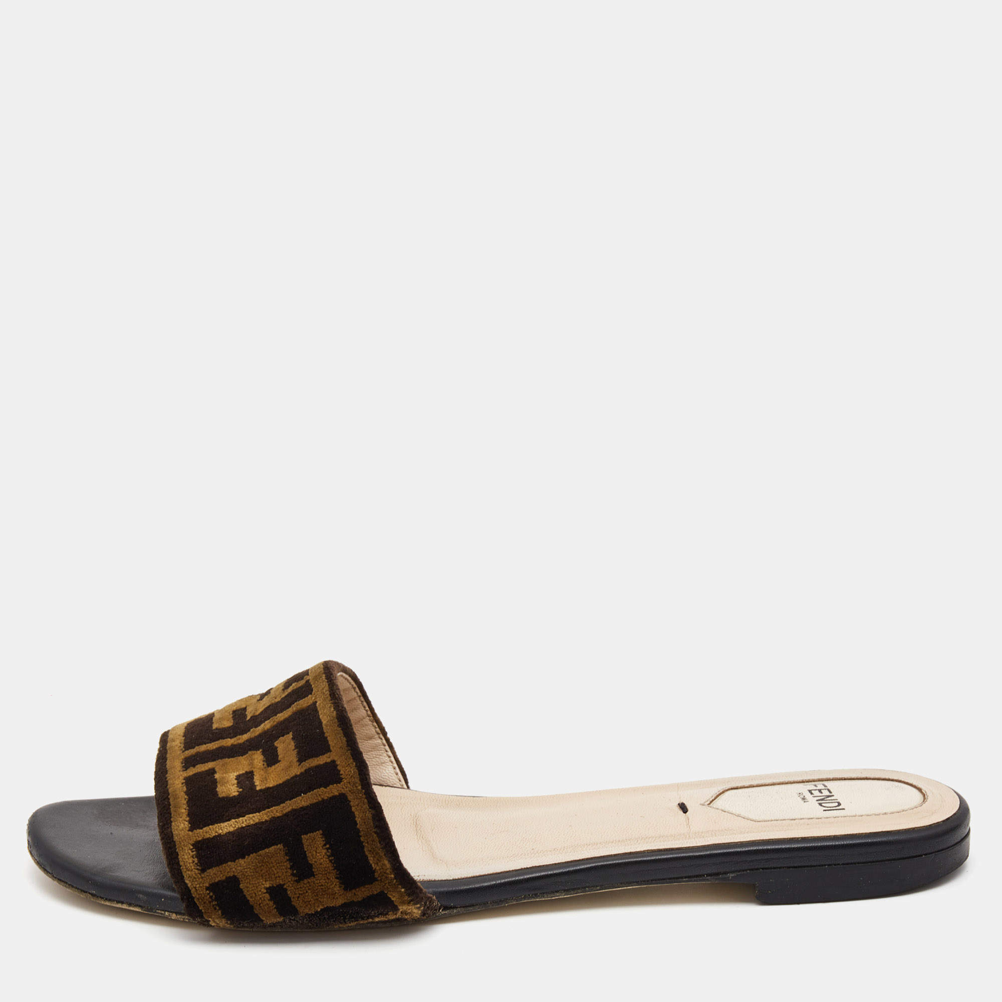 Pre Owned Fendi Two Tone Zucca Velvet Flat Slides Size 38
