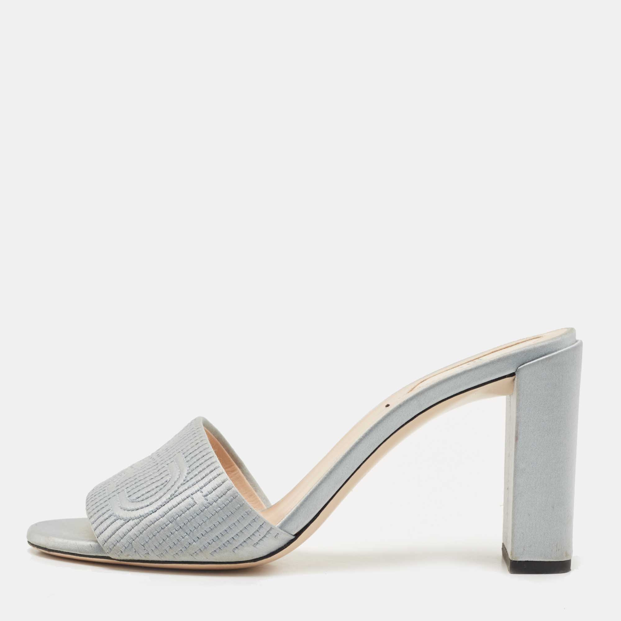 Pre Owned Fendi Light Blue Logo Embroidered Satin Slide Sandals Size 37