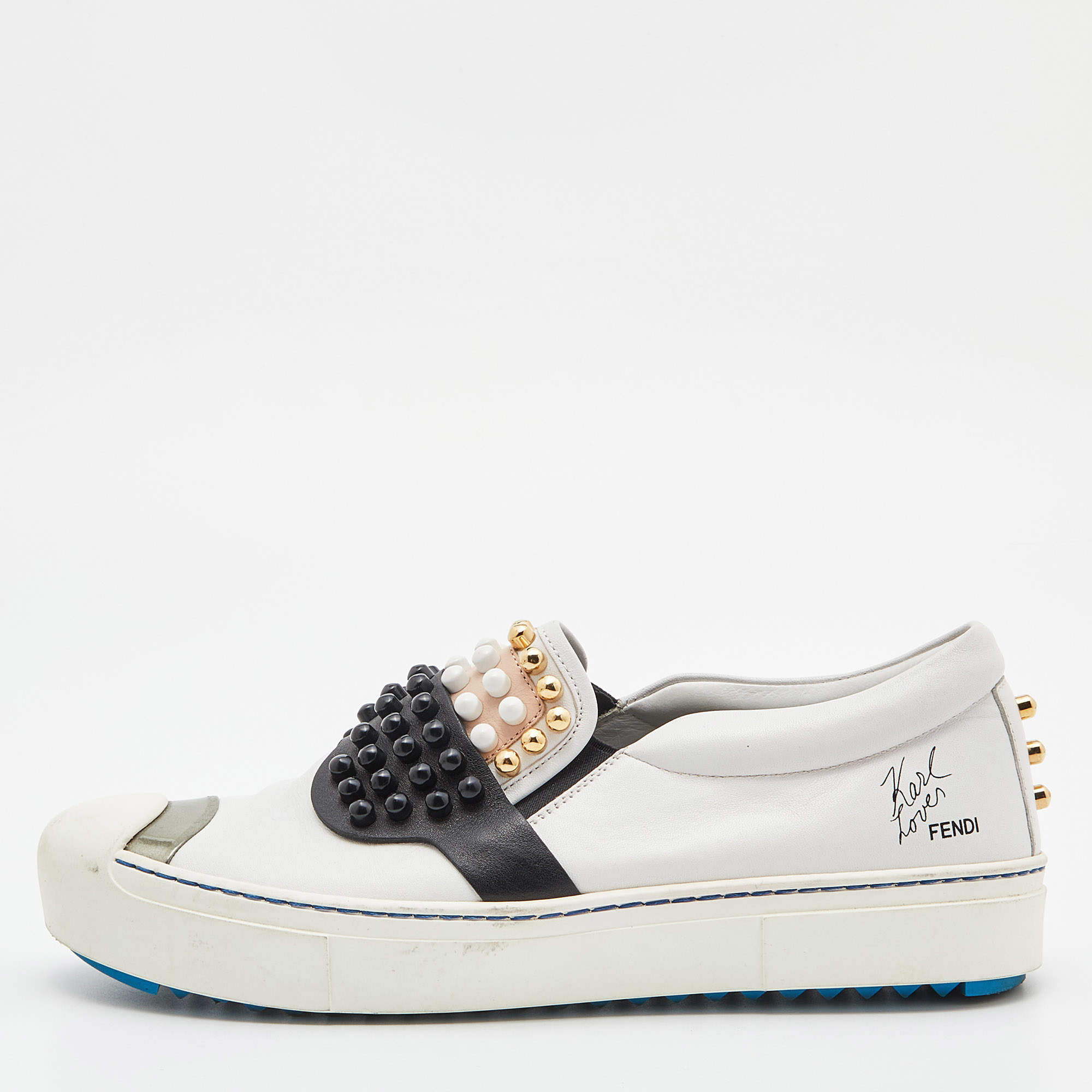 Pre Owned Fendi Tri Color Leather Karlito Studded Low Top Sneakers Size 39