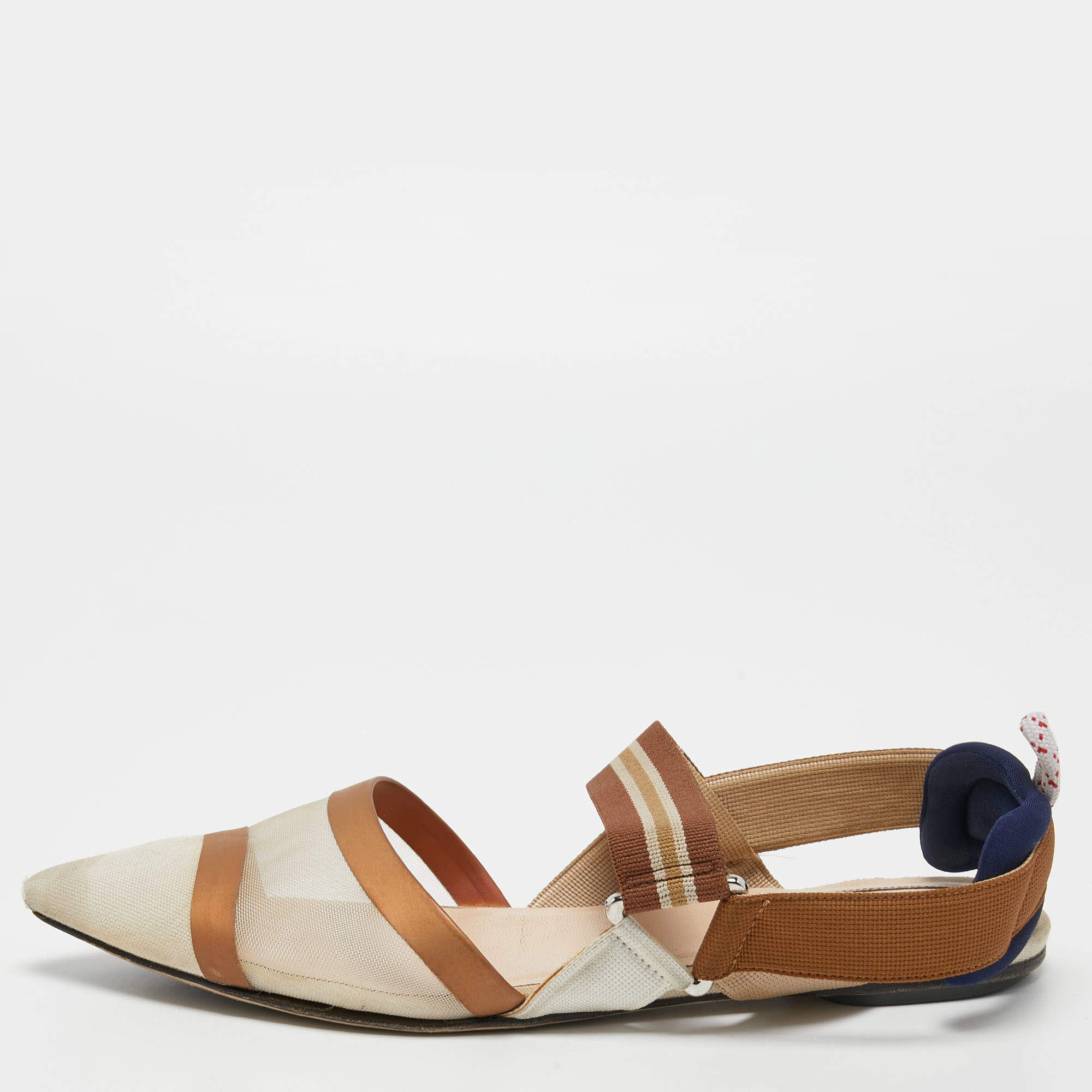 Pre Owned Fendi Beige/Brown Canvas and Mesh Colibri Slingback Flats Size 39