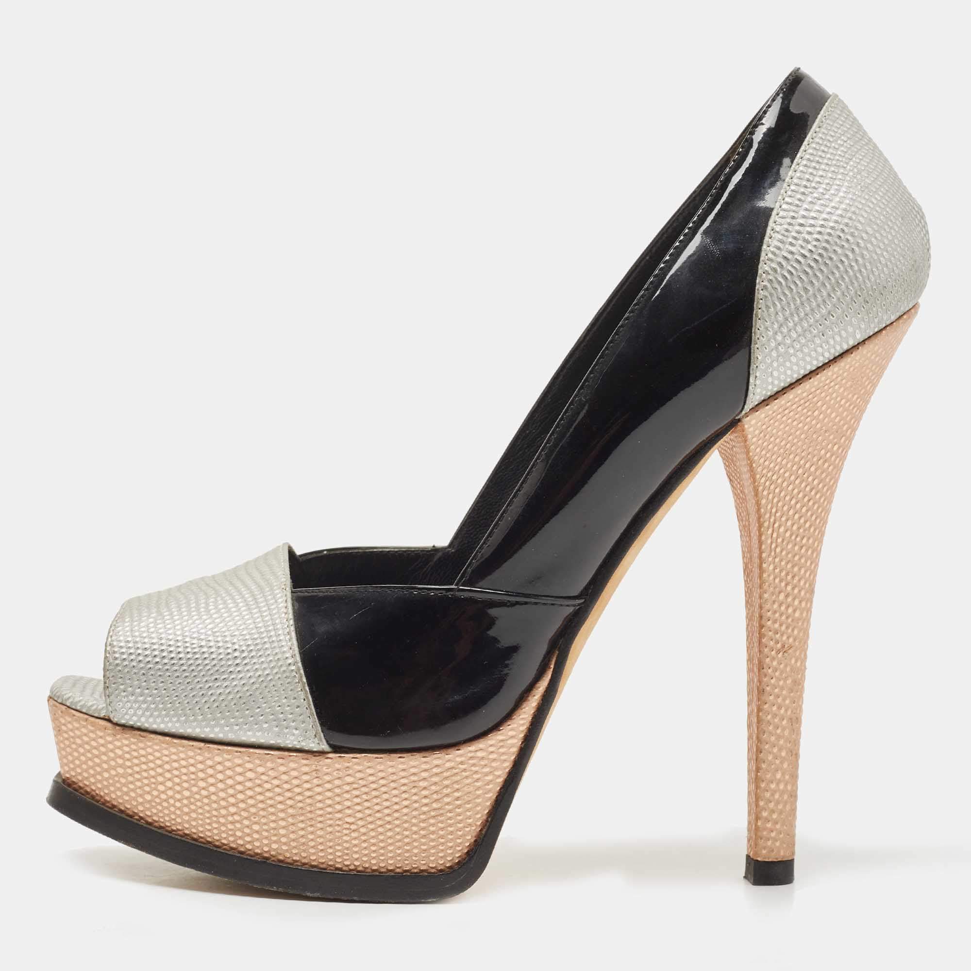 Pre Owned Fendi Multicolor Fendista Colorblock Lizard-Embossed Leather Peep Toe Pumps Size 40