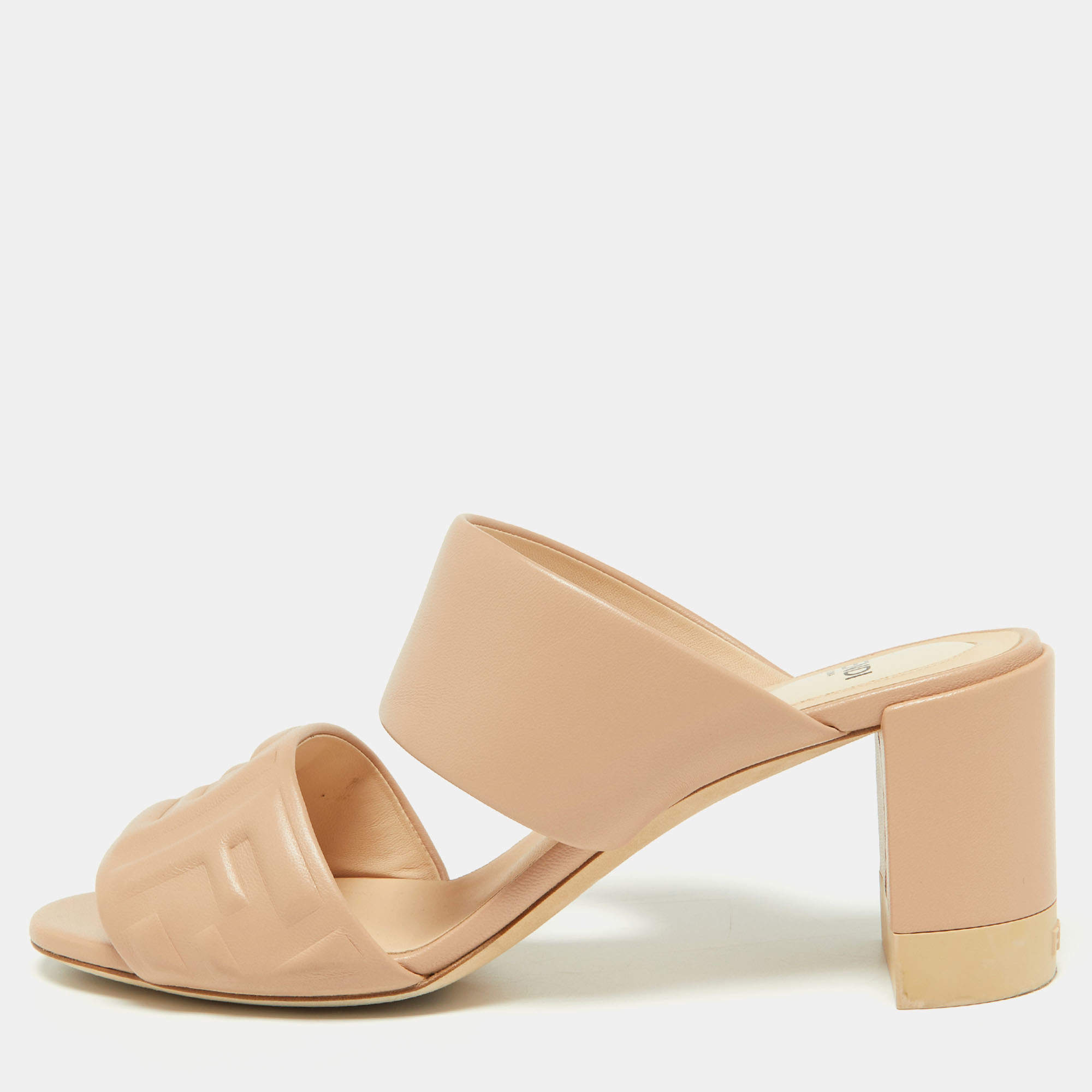Fendi Beige Leather FF Block Heel Slide Sandals Size 39.5