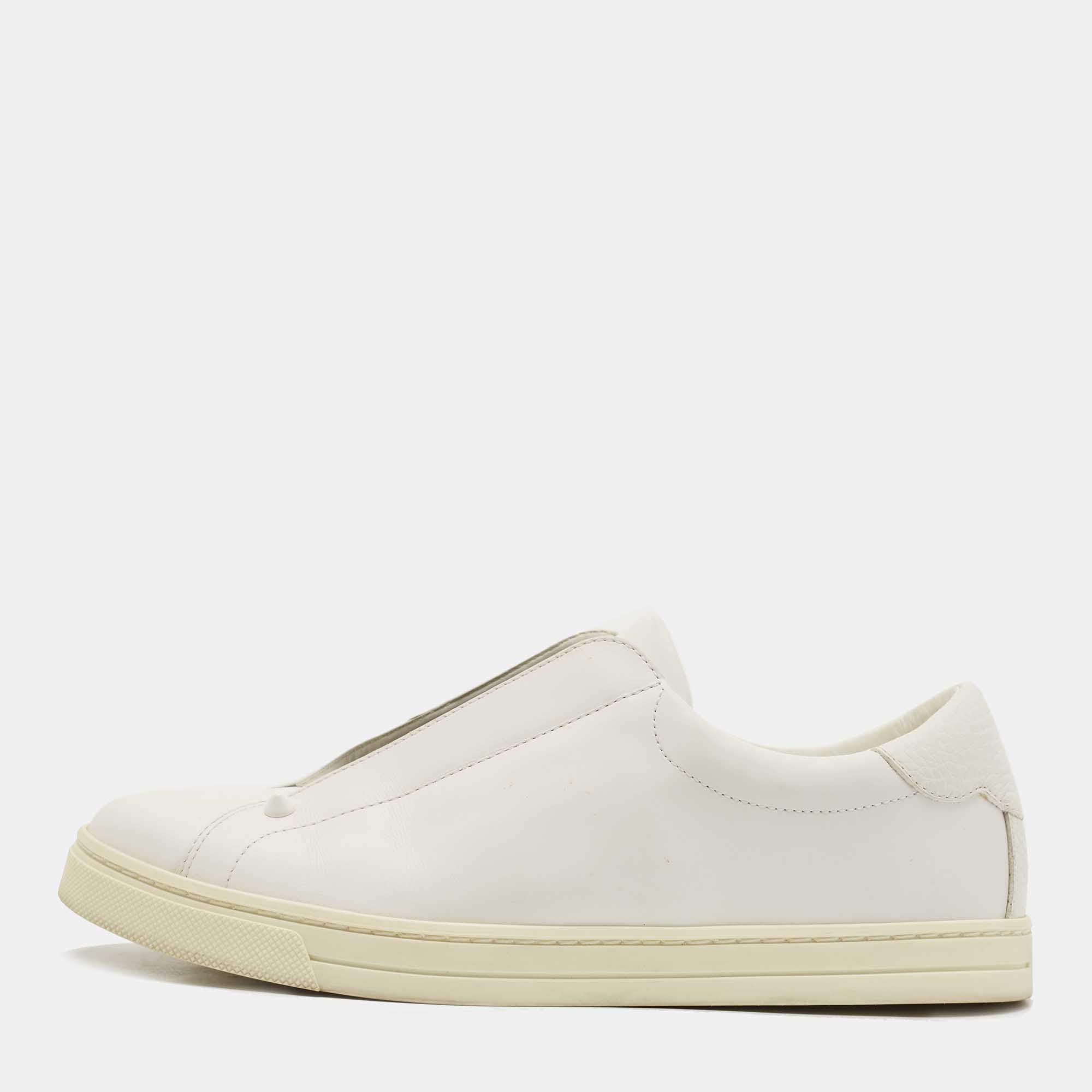 Pre Owned Fendi White Leather And Brown FF Knit Fabric Rockoclick Low Top Sneakers Size 38