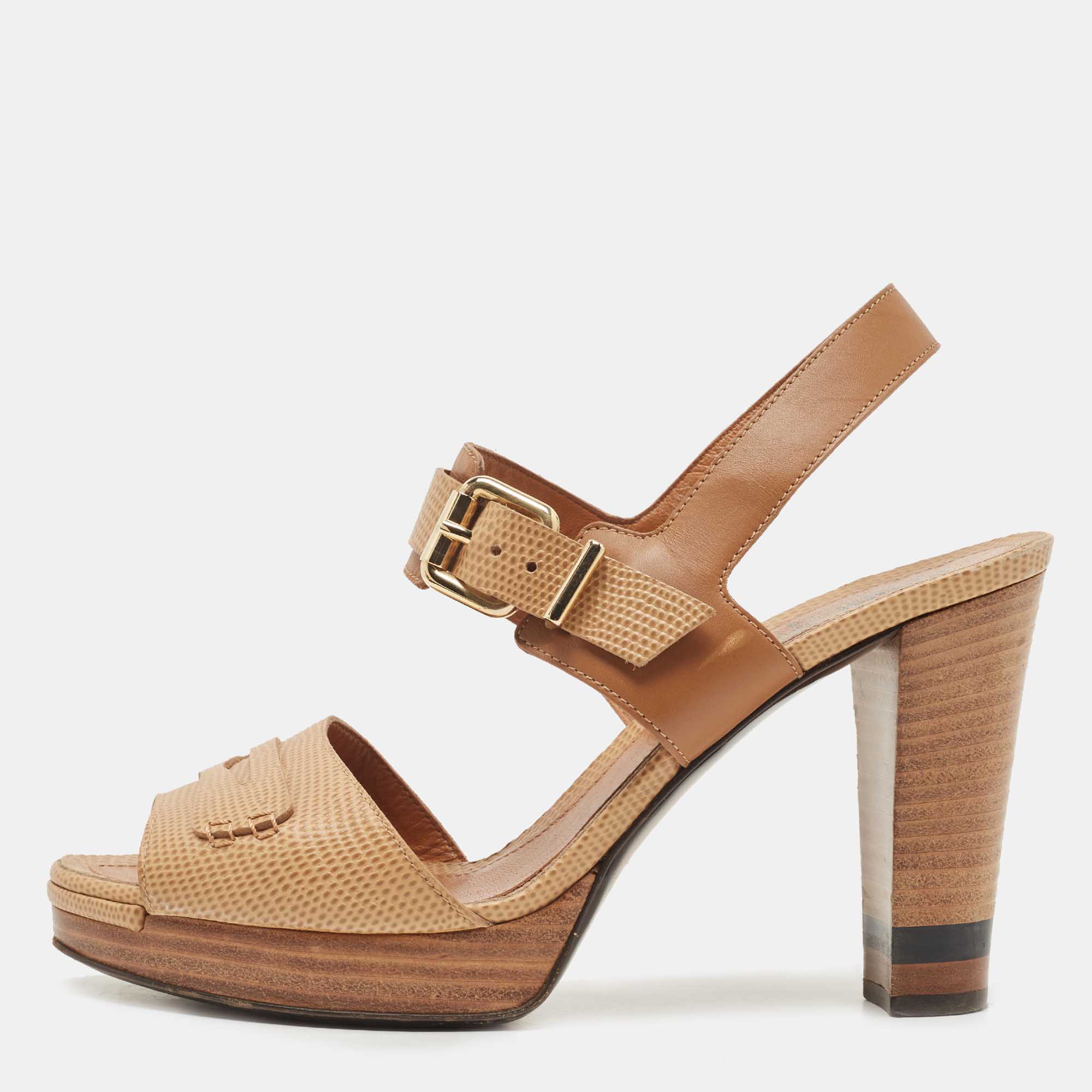 Pre Owned Fendi Beige Leather Ankle Strap Platform Sandals Size 40