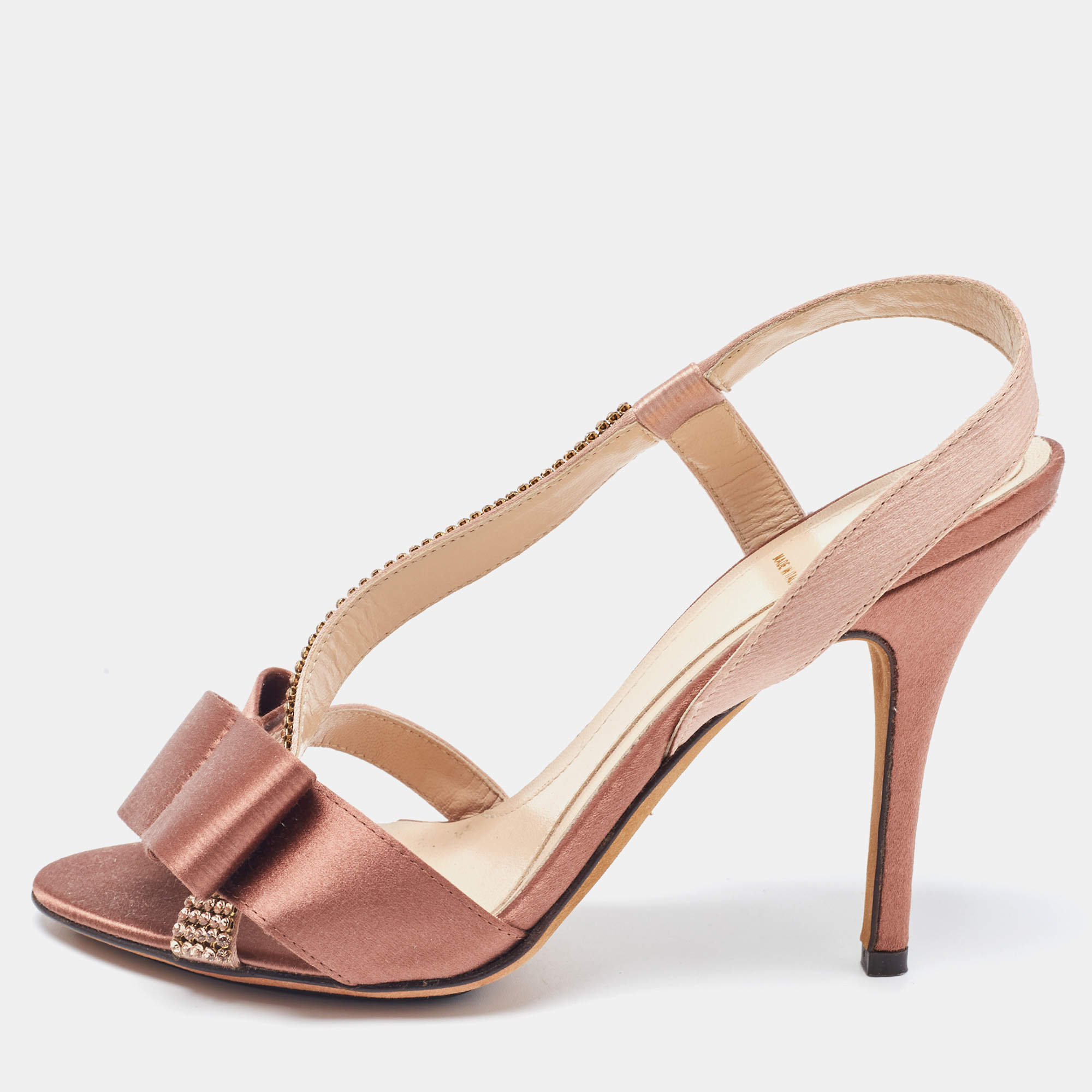 Fendi Beige Satin Crystal Embellished Bow Slingback Sandals Size 37