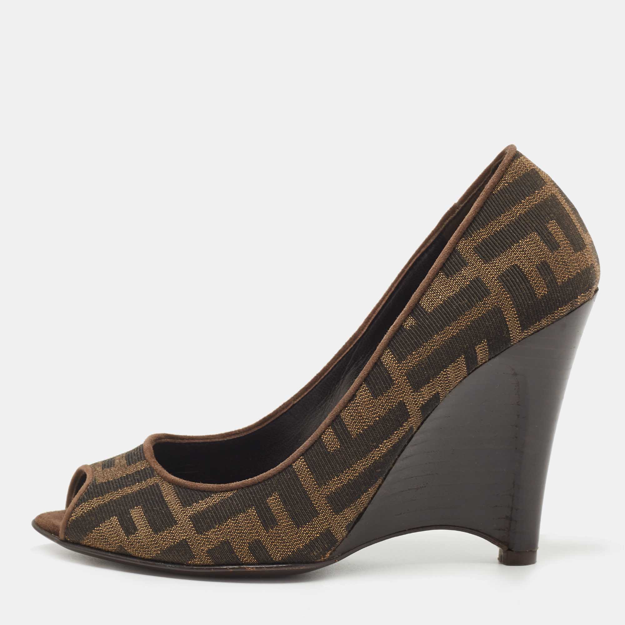 Pre Owned Fendi Brown Zucca Canvas Peep Toe Wedge Pumps Size 36