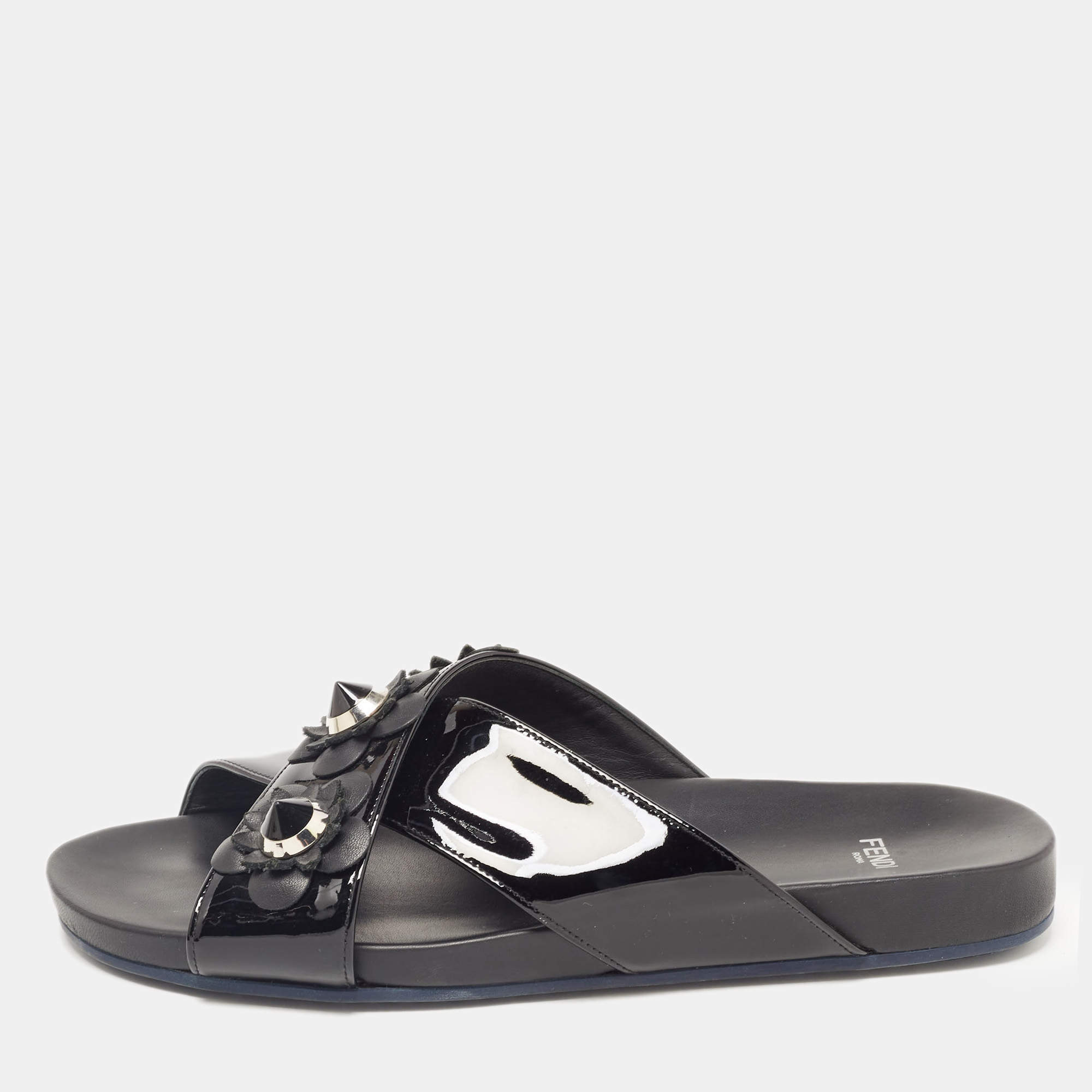 Pre Owned Fendi Black Patent Leather Flowerland Stud Criss Cross Flat Sandals Size 41
