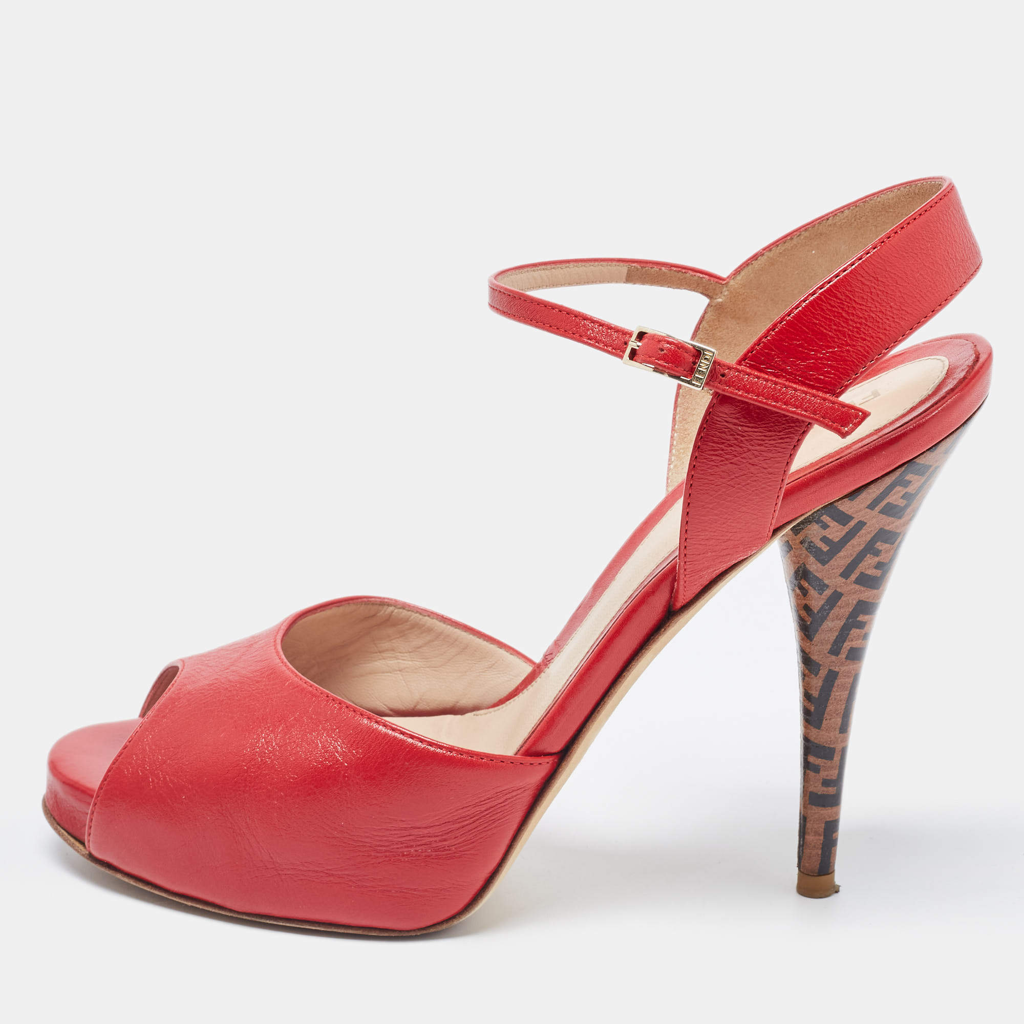 Fendi Red Leather  Open Toe Ankle Strap Sandals Size 39