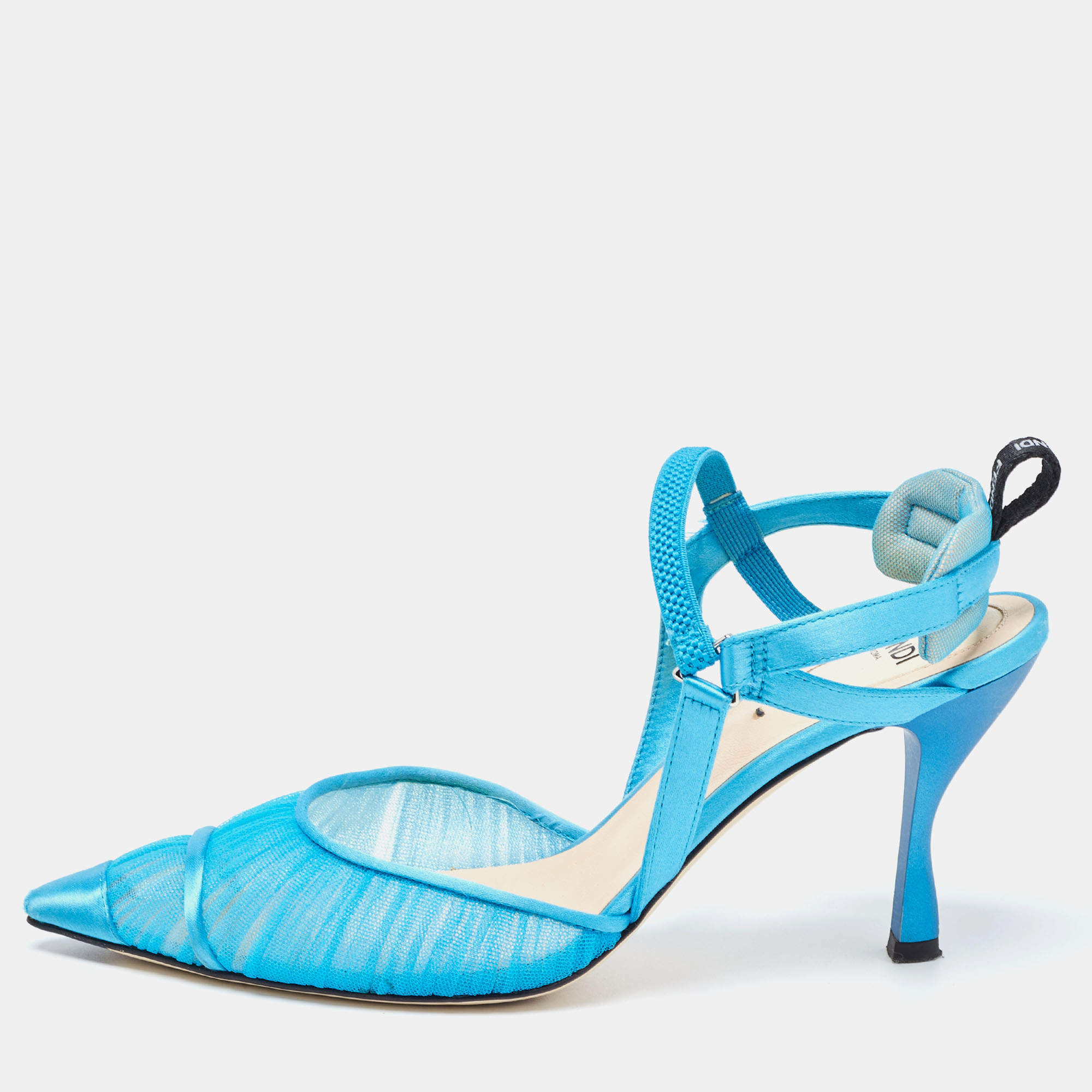 Pre Owned Fendi Blue Tulle And Satin Colibri Lite Slingback Pumps Size 37.5