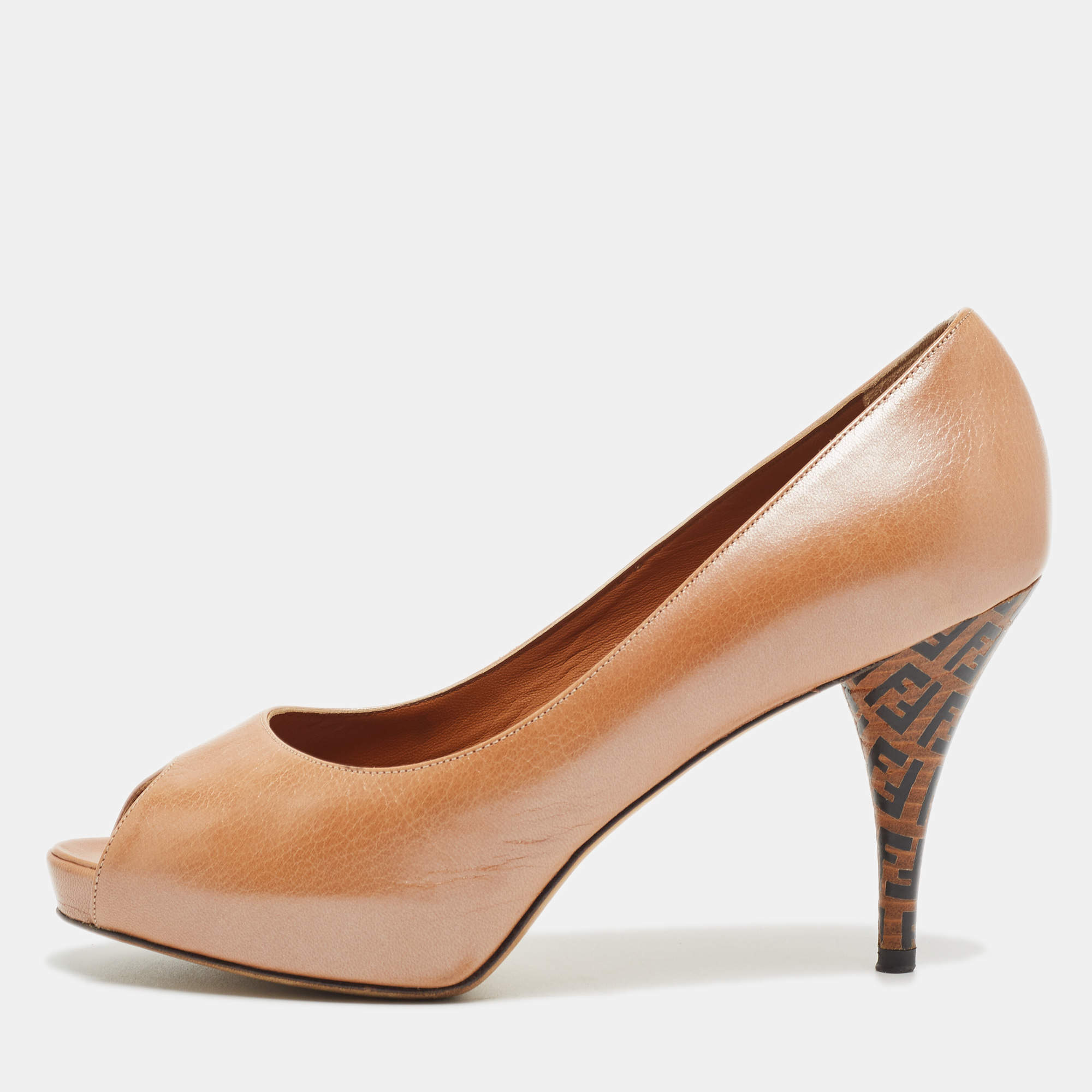 Pre Owned Fendi Brown Leather Platform Peep Toe Pumps Size 37.5