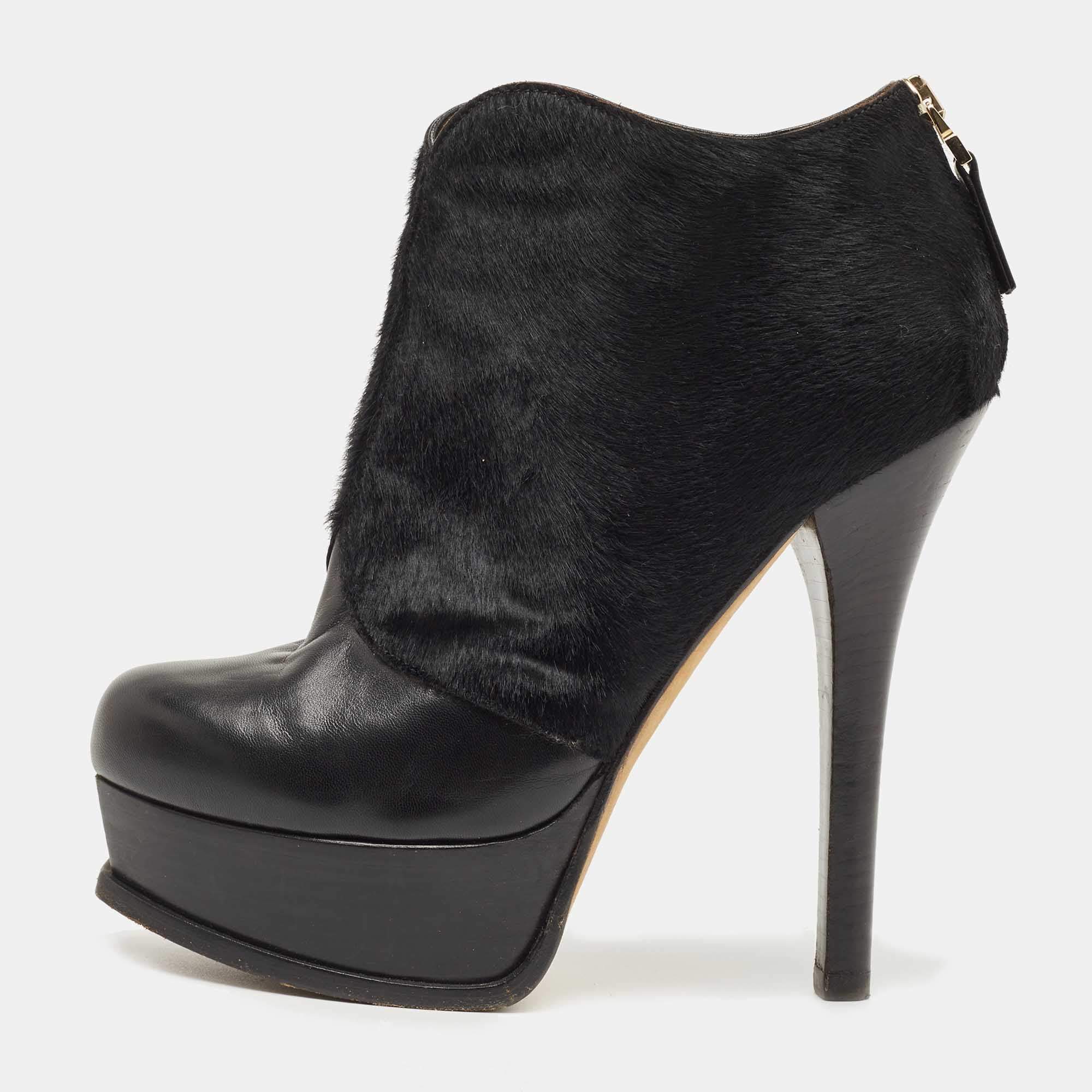 Pre Owned Fendi Black Leather And Suede Fendista Ankle Boots Size 36.5