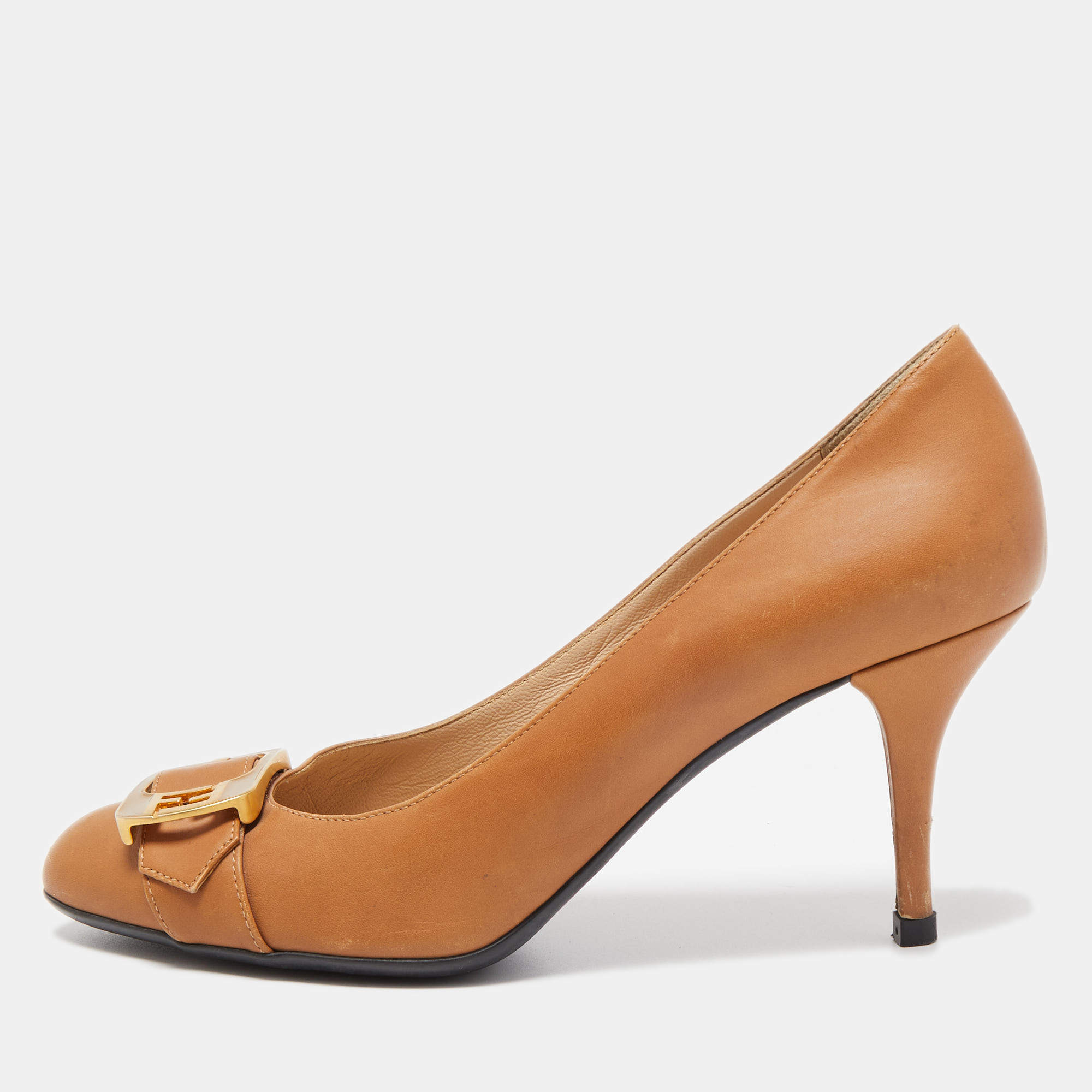 Pre Owned Fendi Brown Leather Buckle Pumps Size 39