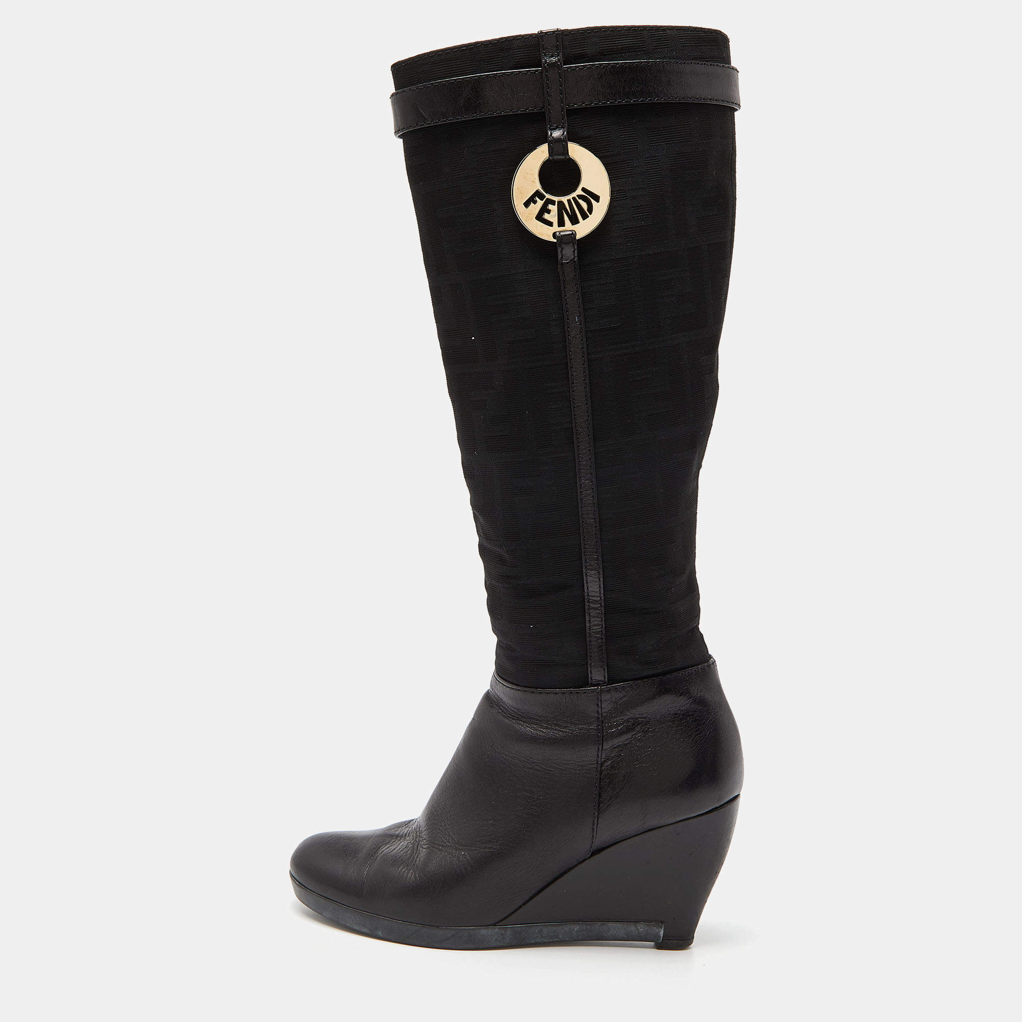 Pre Owned Fendi Black Leather and Zucca Fabric Calf Length Wedge Boots Size 37