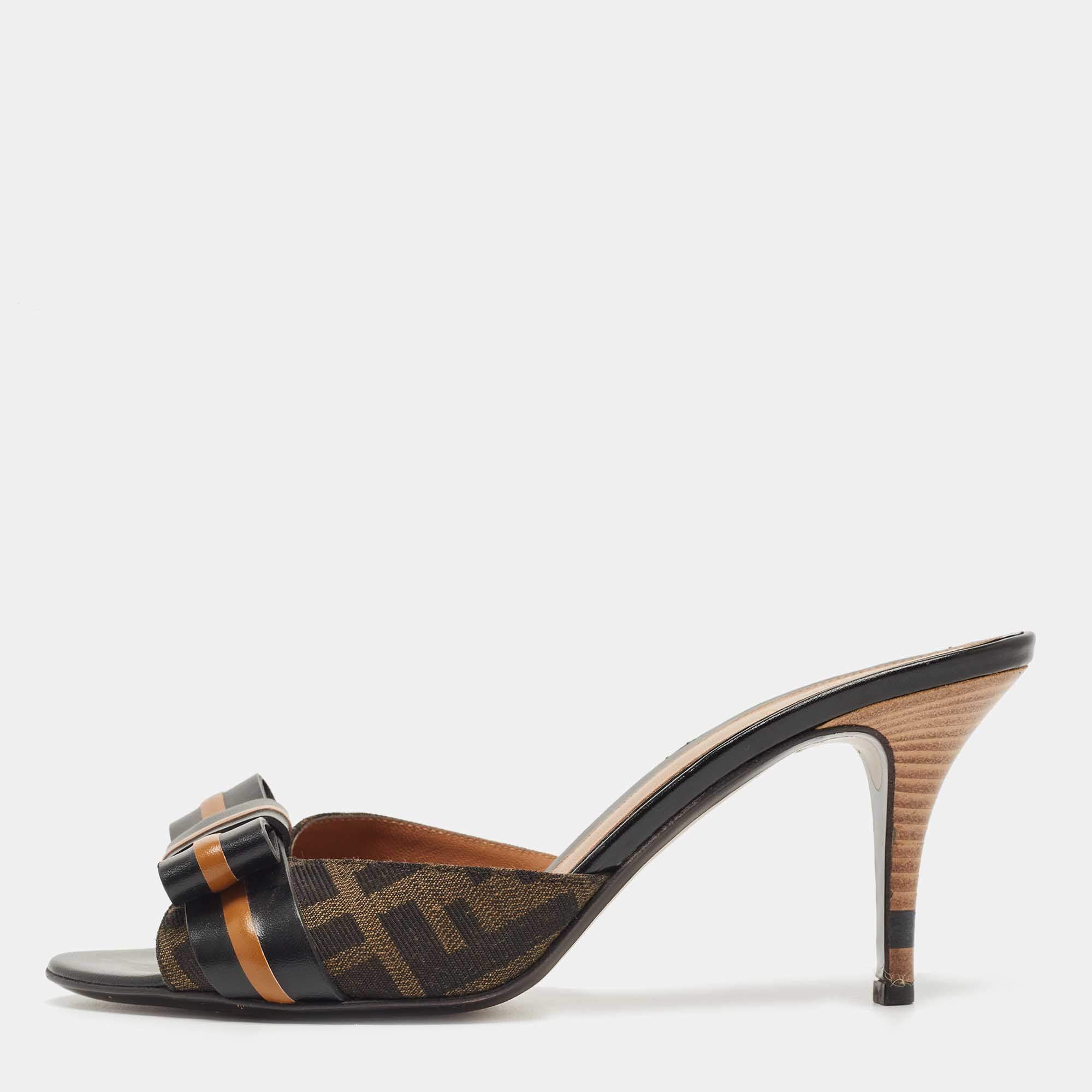 Fendi Brown Zucca Canvas And Leather Slide Sandals Size 38