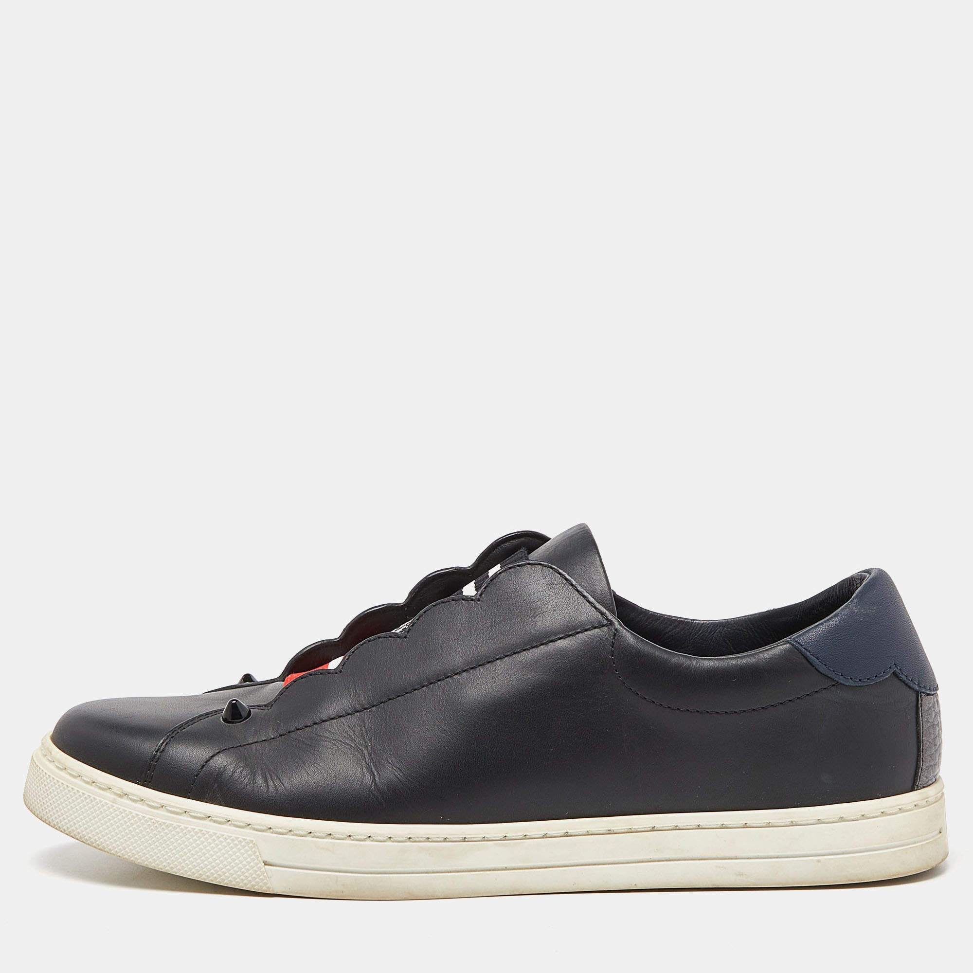 Pre Owned Fendi Black Leather and Logo Knit Rockoclick Slip On Sneakers Size 37