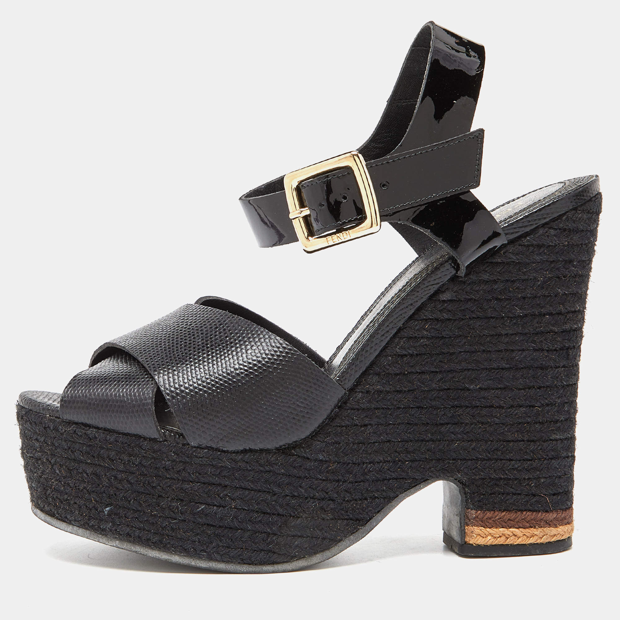 Fendi Black Lizard Embossed Leather and Patent Cork Wedge Platform ...