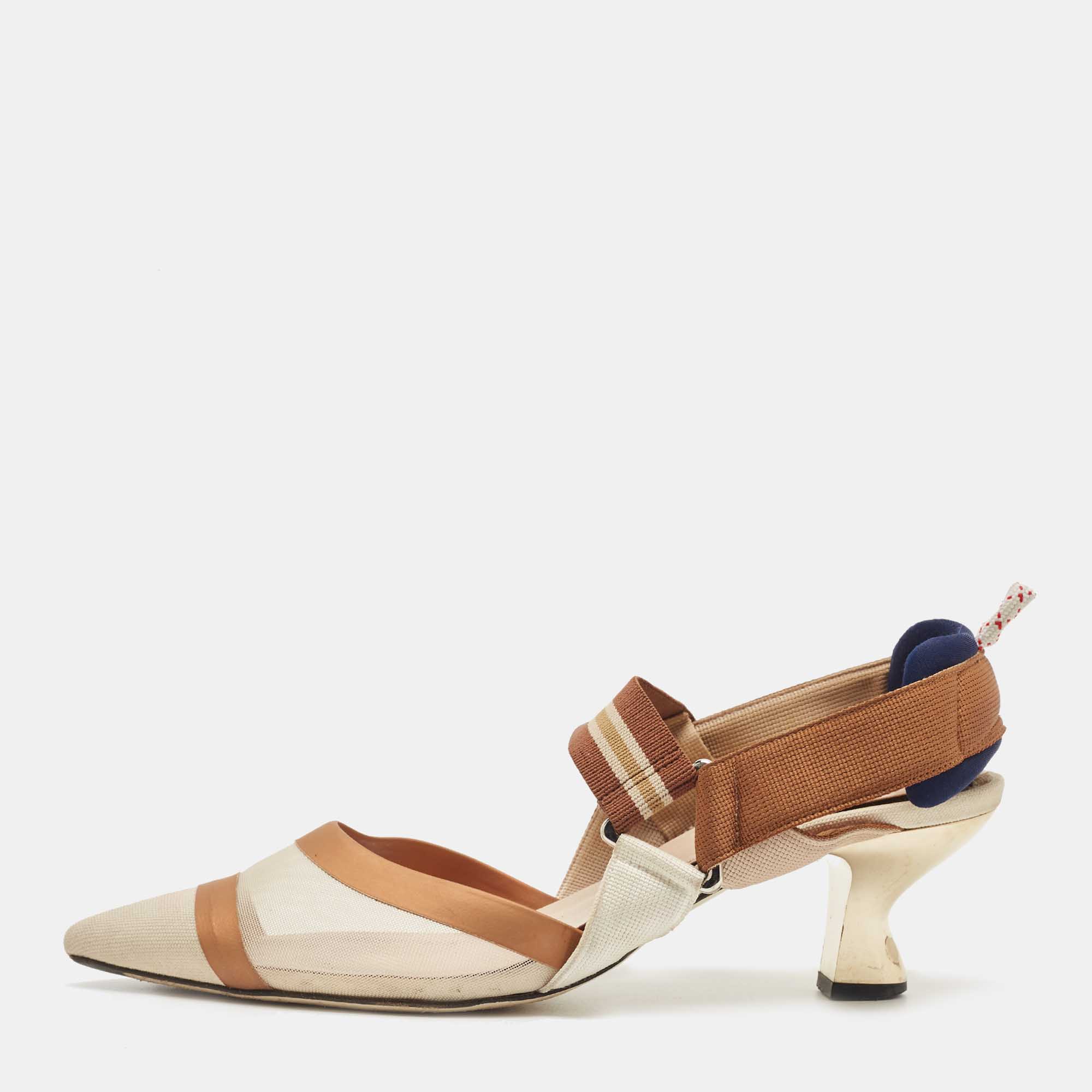 Pre Owned Fendi Brown/Beige Zucca Mesh, Leather and Canvas Colibri Pumps Size 38