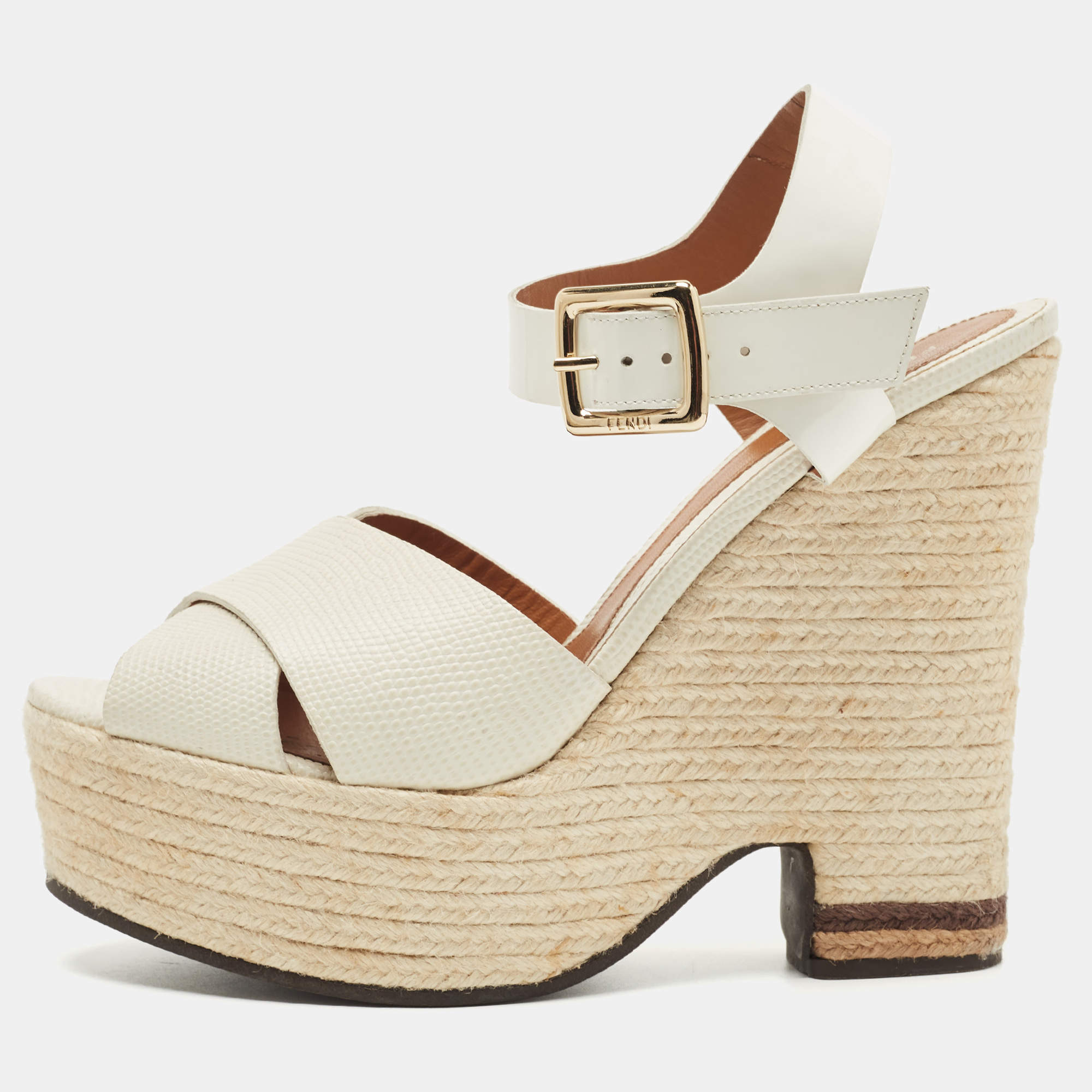 Pre Owned Fendi White Patent Leather and Lizard Embossed Leather Wedge Platform Ankle Strap Sandals Size 40