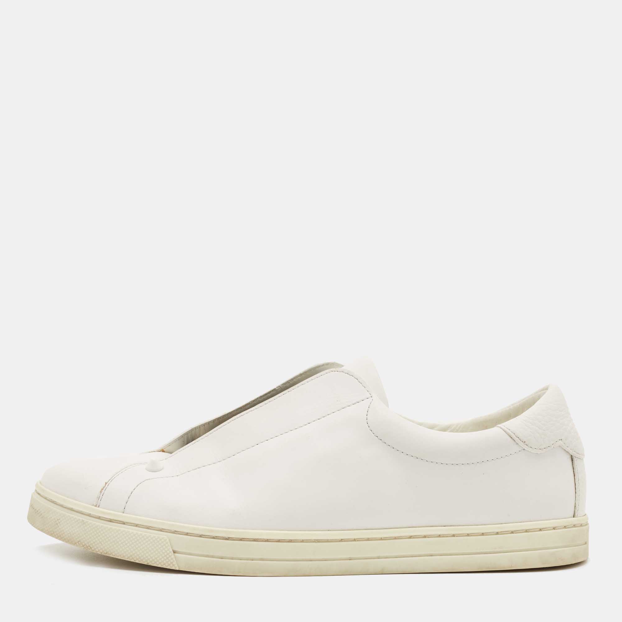 Pre Owned Fendi White/Brown Leather and Zucca Elastic Band Slip On Sneakers Size 40