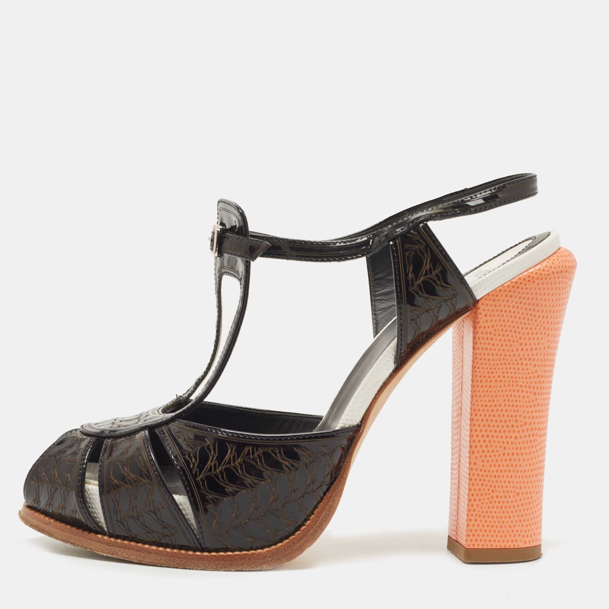 Pre Owned Fendi Black/Orange Patent Ankle Strap Sandals Size 40