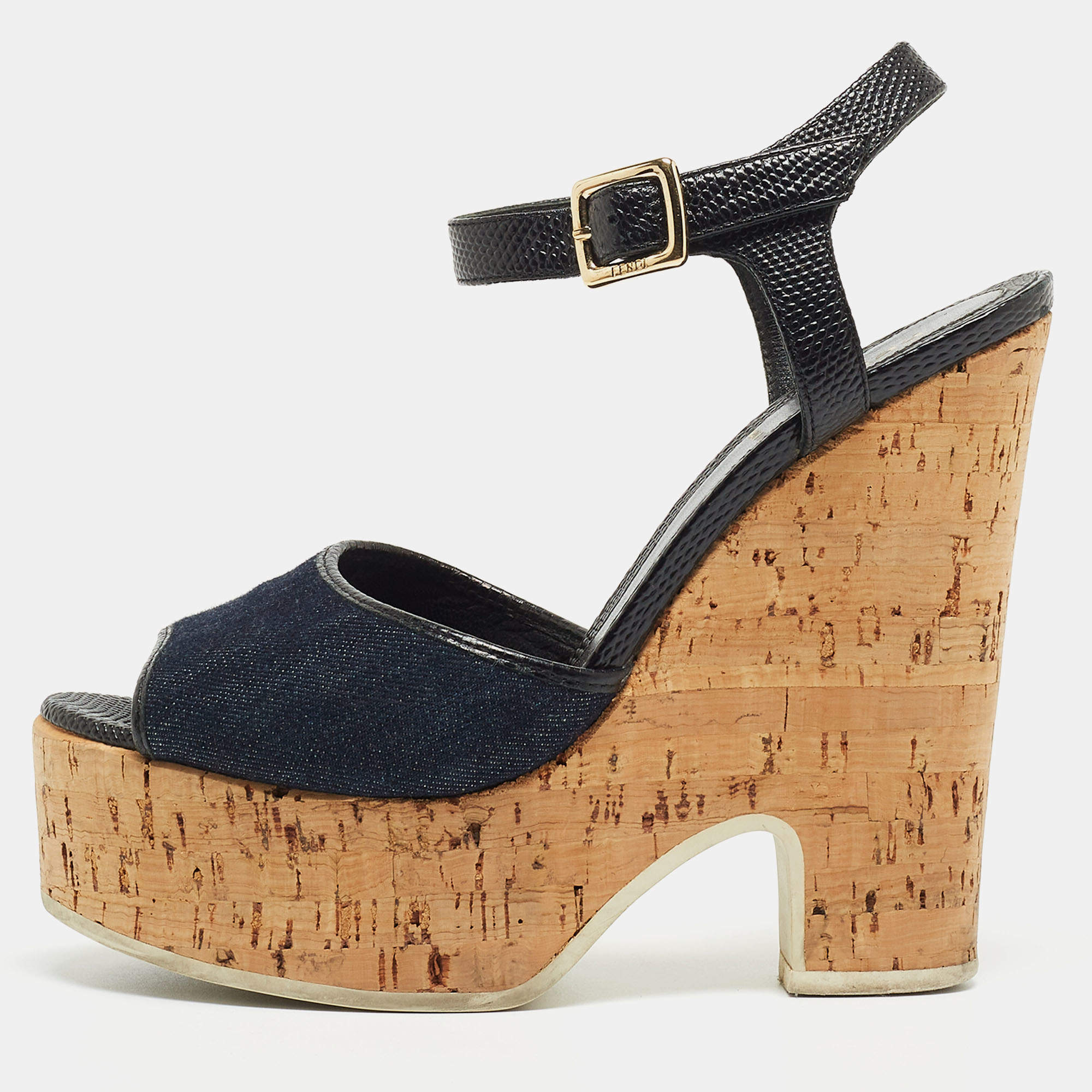 مملوكة مسبقًا Fendi Navy Blue/Black Denim and Lizard Embossed Leather Cork Wedge Platform Ankle Strap Sandals Size 38