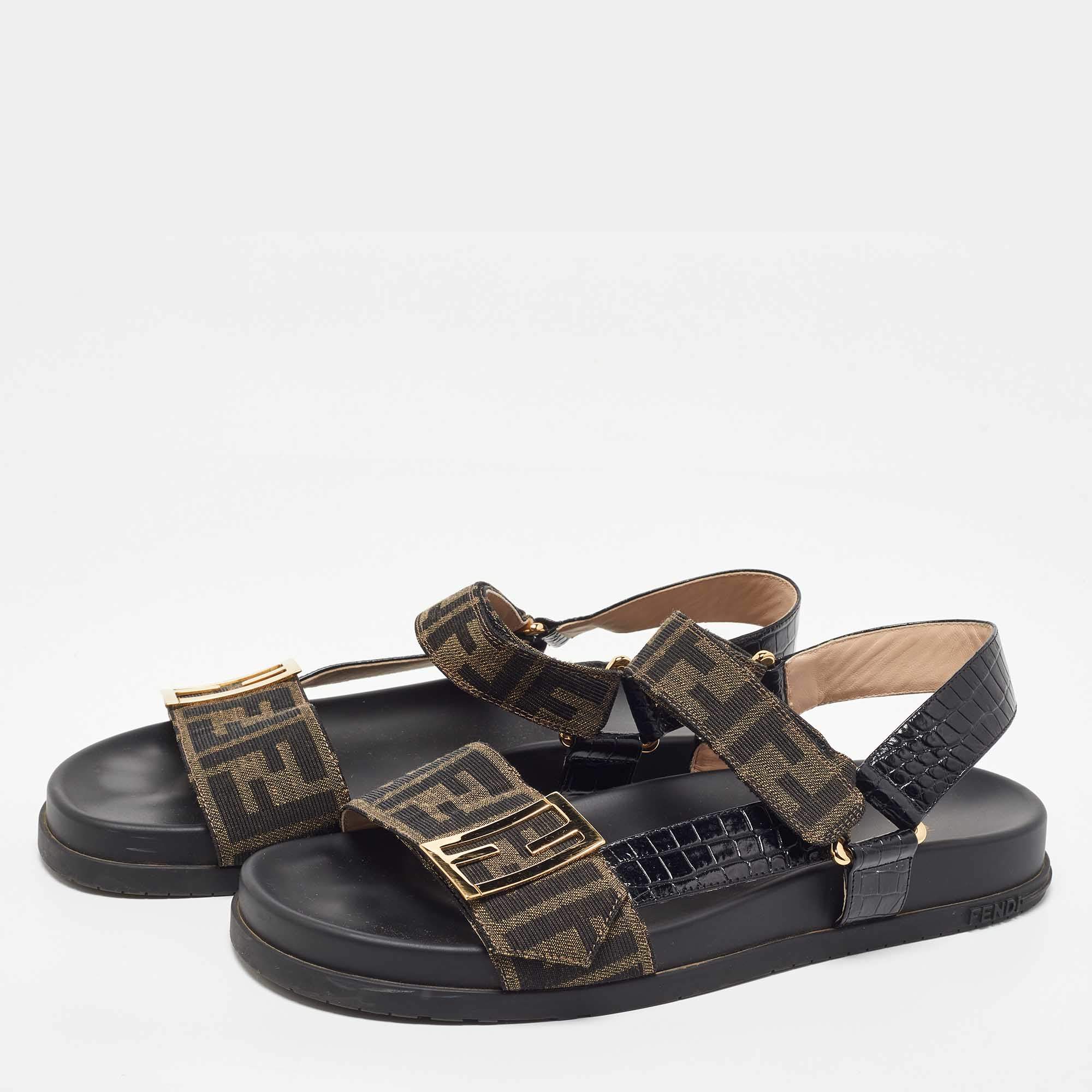 Fendi Brown Black Zucca Canvas and Croc Embossed Leather Flat