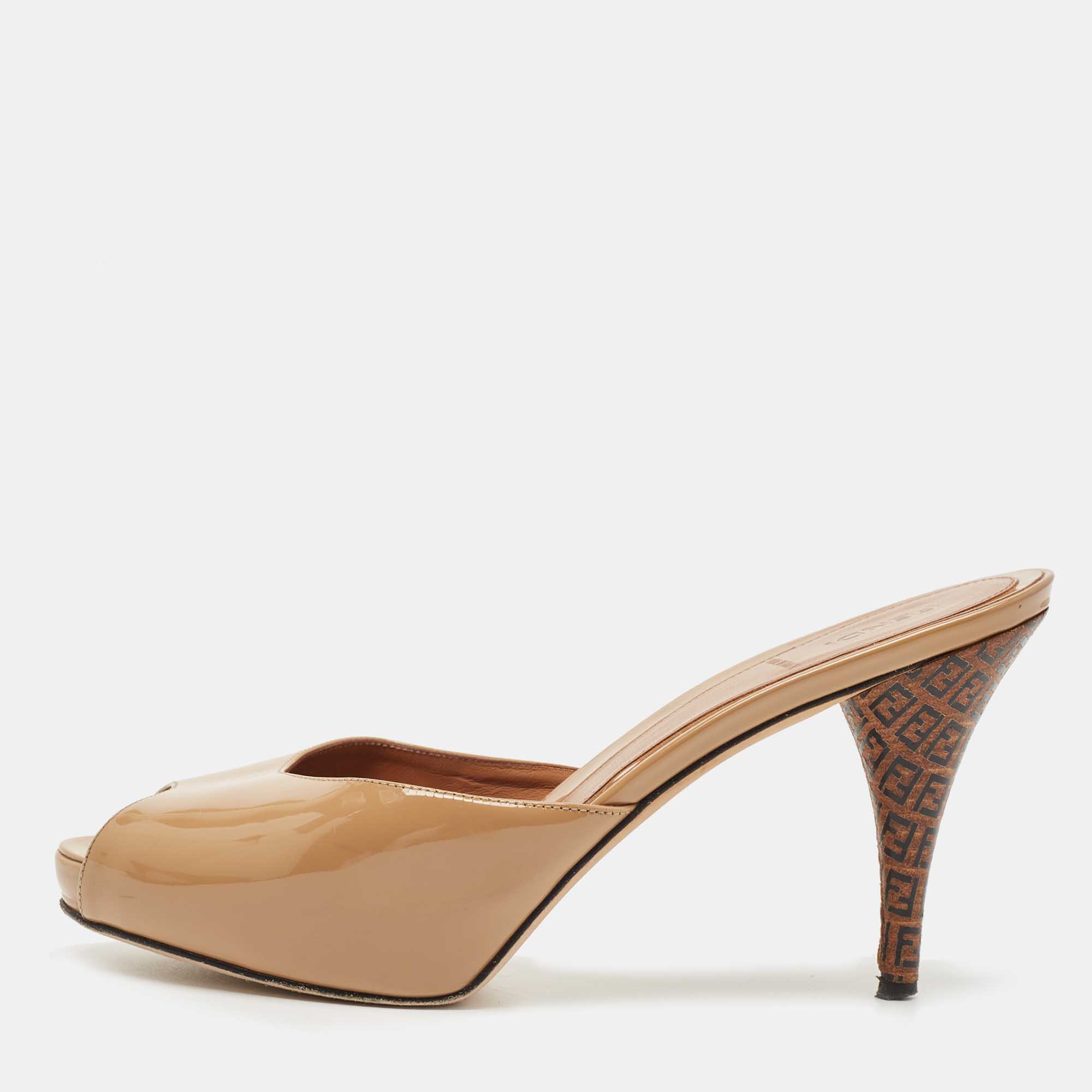 Pre Owned Fendi Brown Patent Leather Zucca Print Heel Peep Toe Slide Sandals Size 39.5