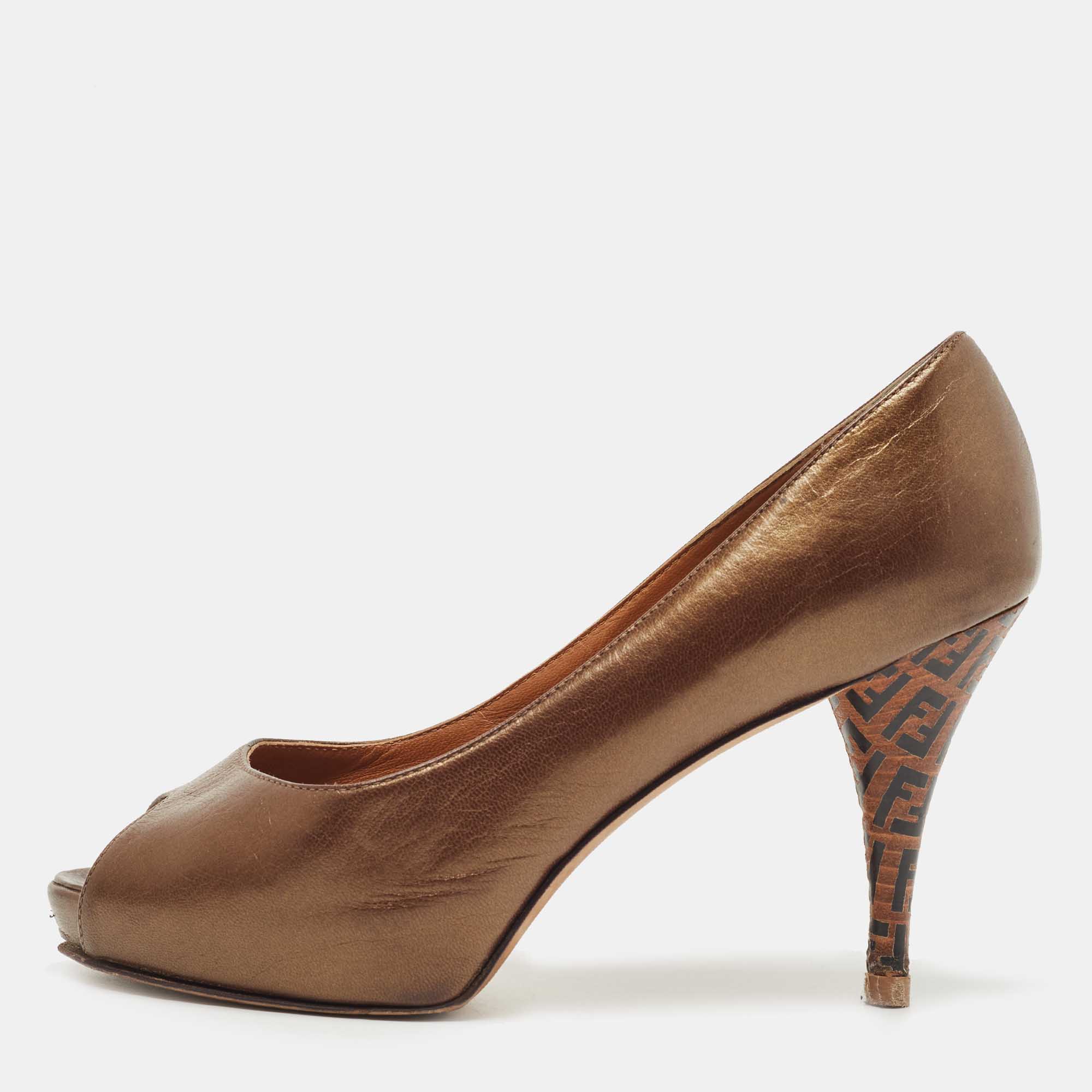 Pre Owned Fendi Metallic Brown Leather Zucca Heel Peep Toe Pumps Size 36