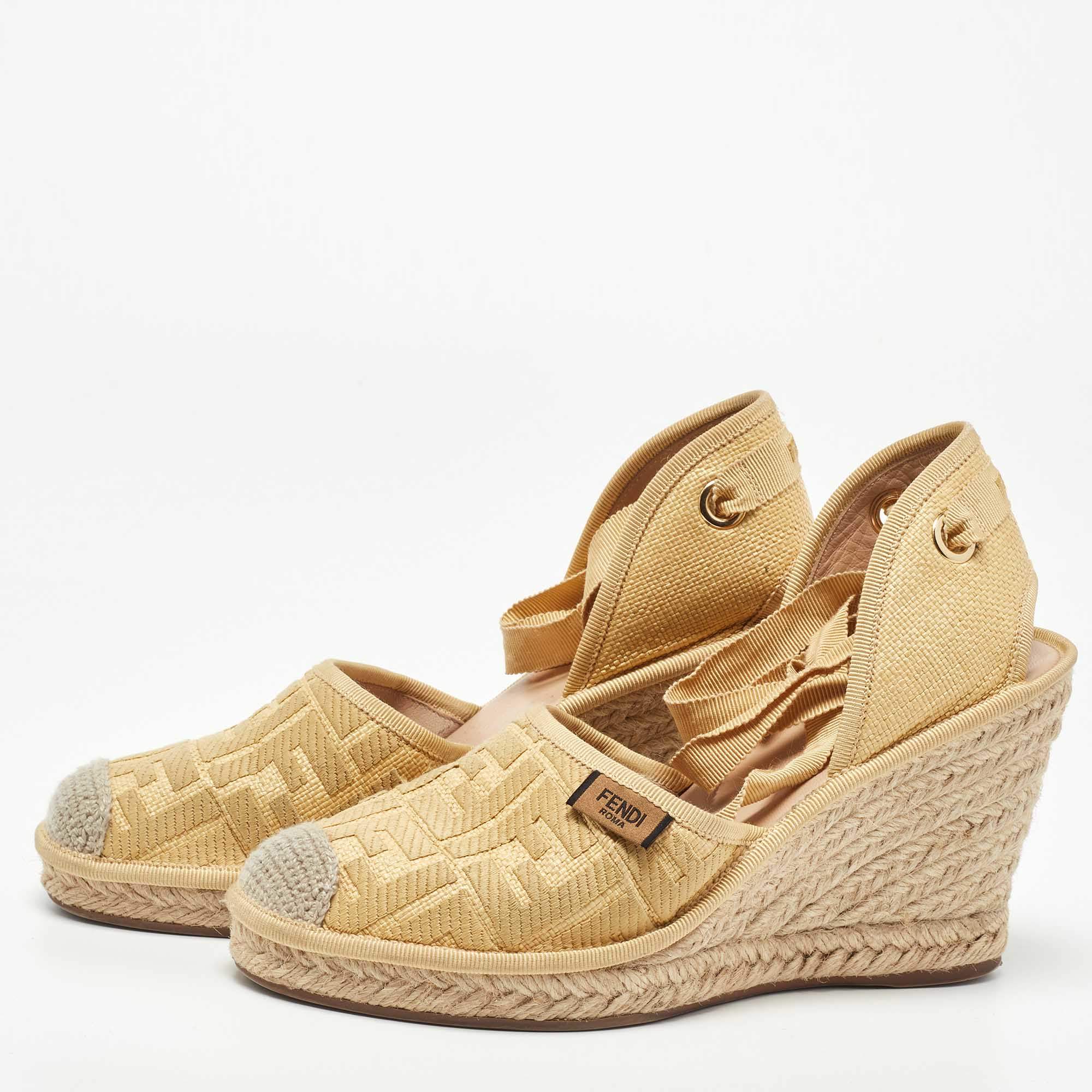 Fendi Beige Zucca Canvas Espadrille Ankle Wrap Wedge Sandals Size 38 Fendi TLC