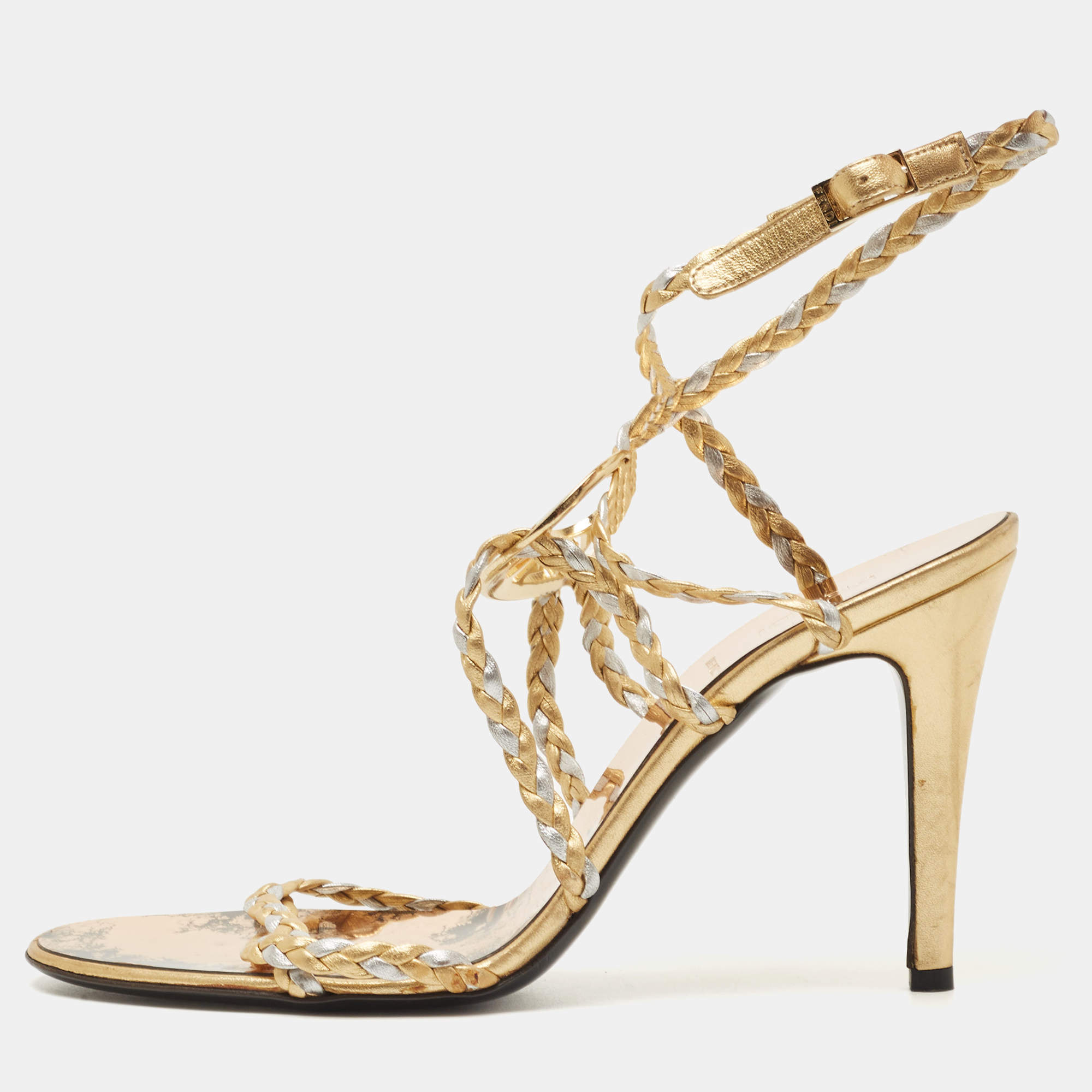 مملوكة مسبقًا Fendi Gold/Silver Braided Leather Ankle Strap Sandals Size 38