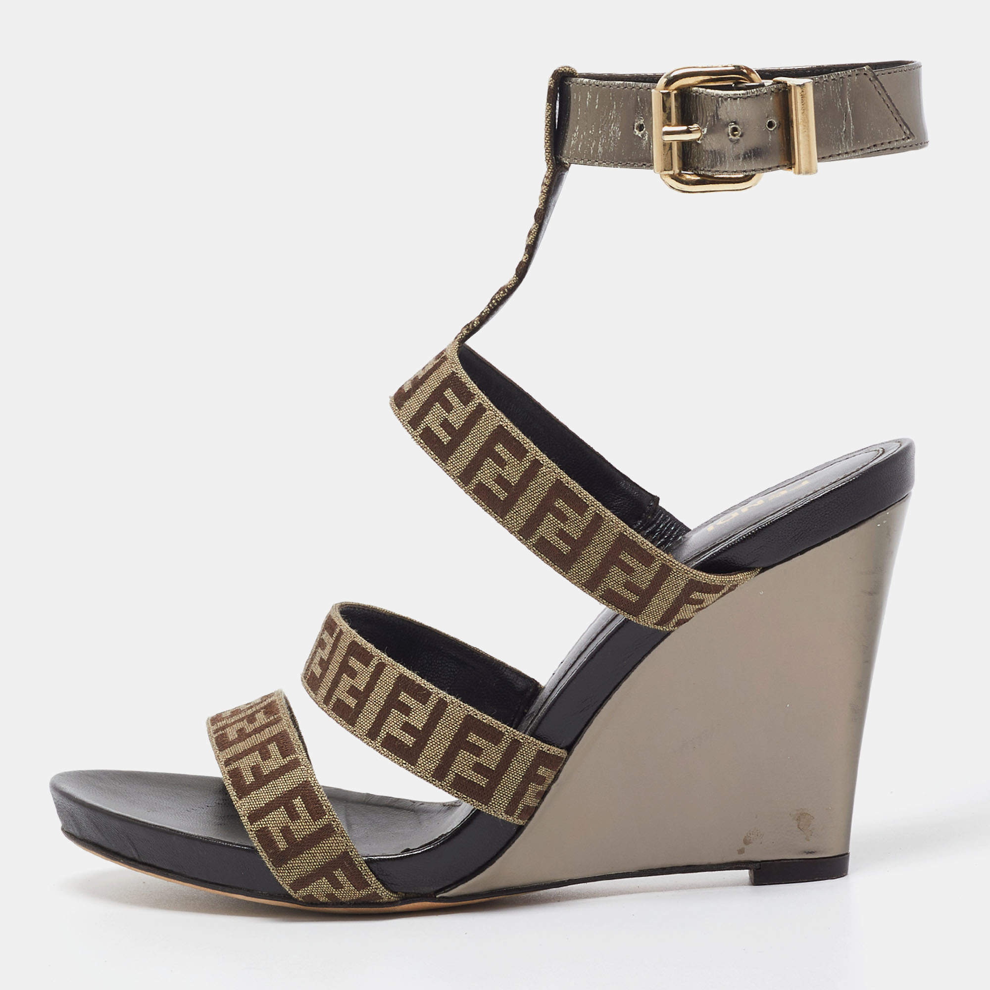 مملوكة مسبقًا Fendi Brown/Beige Canvas and Leather Wedge Sandals Size 39