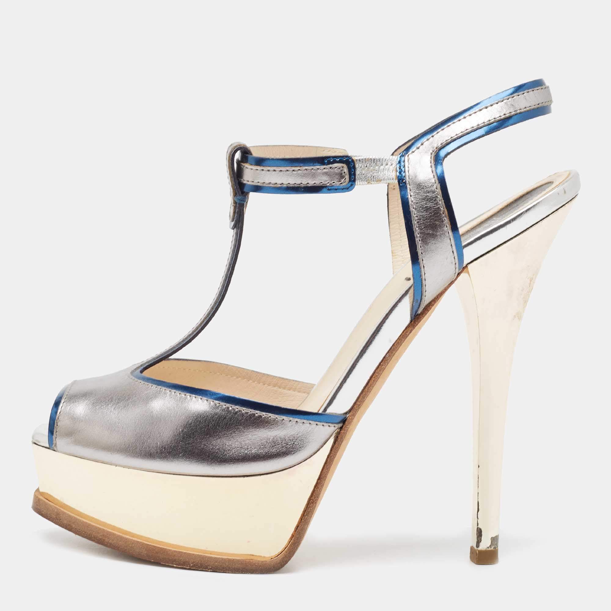 Fendi Tricolor Patent Leather T Strap Peep Toe Platform Sandals Size 38.5