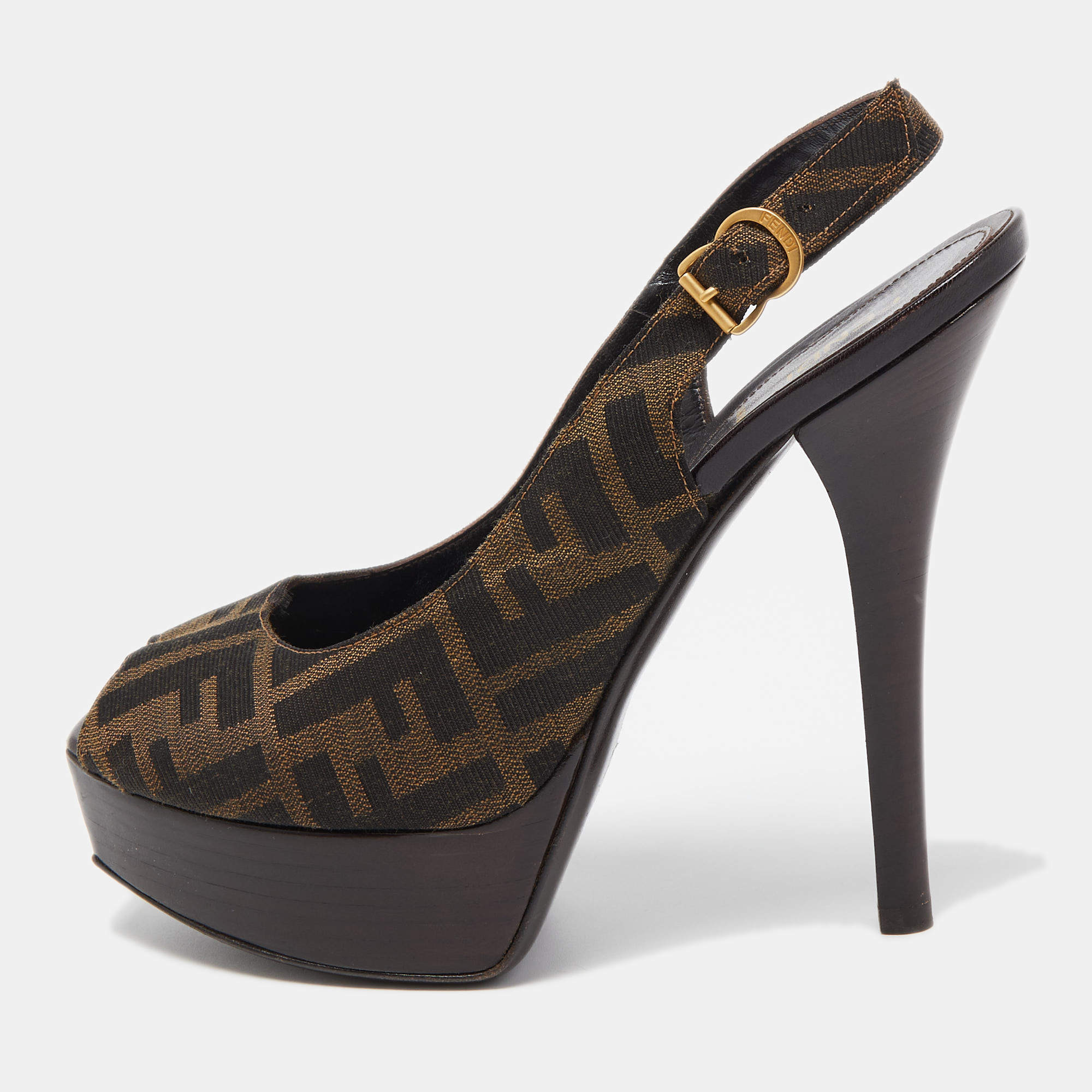 Pre Owned Fendi Brown Canvas Fendista  Pumps Size 39.5