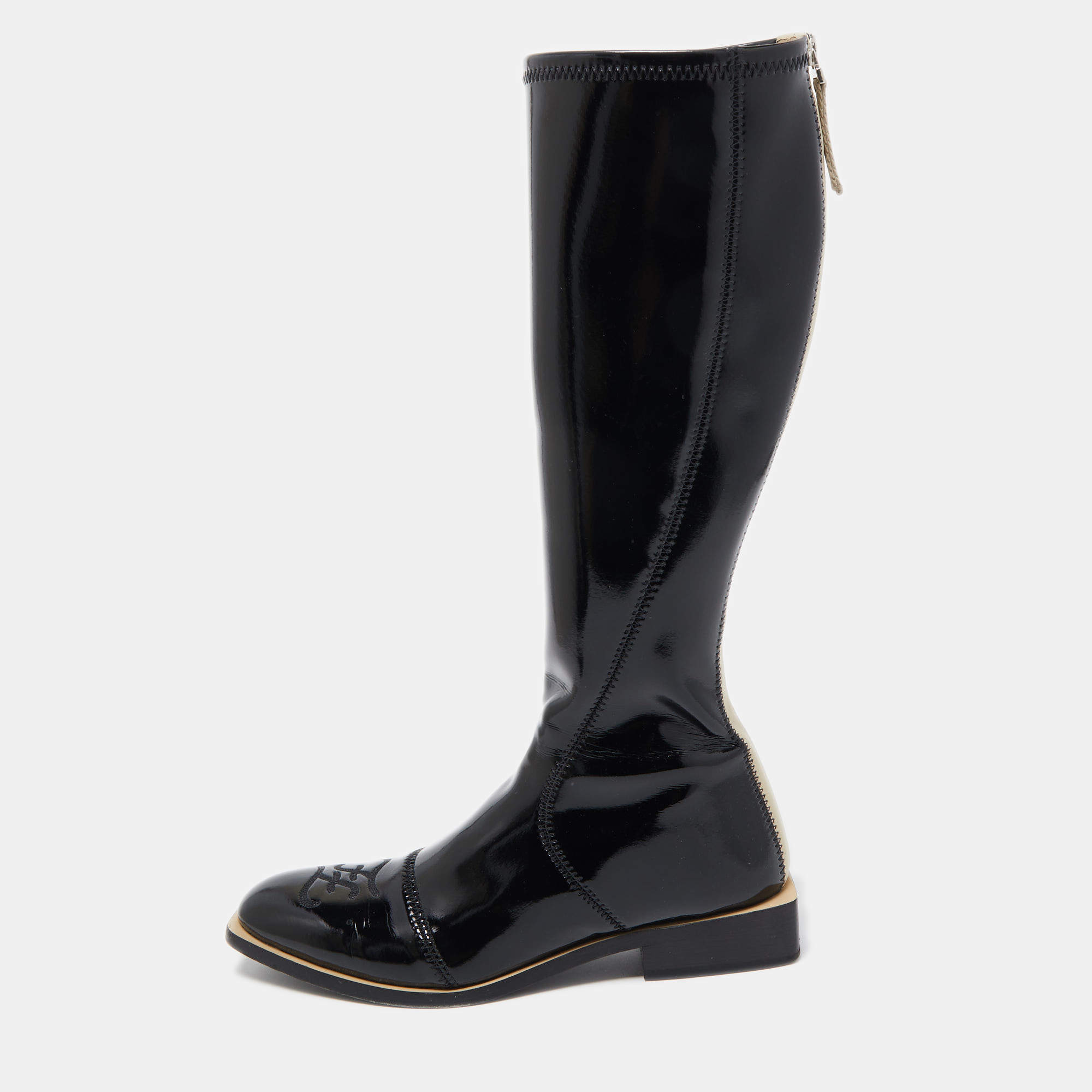 Pre Owned Fendi Black Patent Leather Knee Length Boots Size 39.5