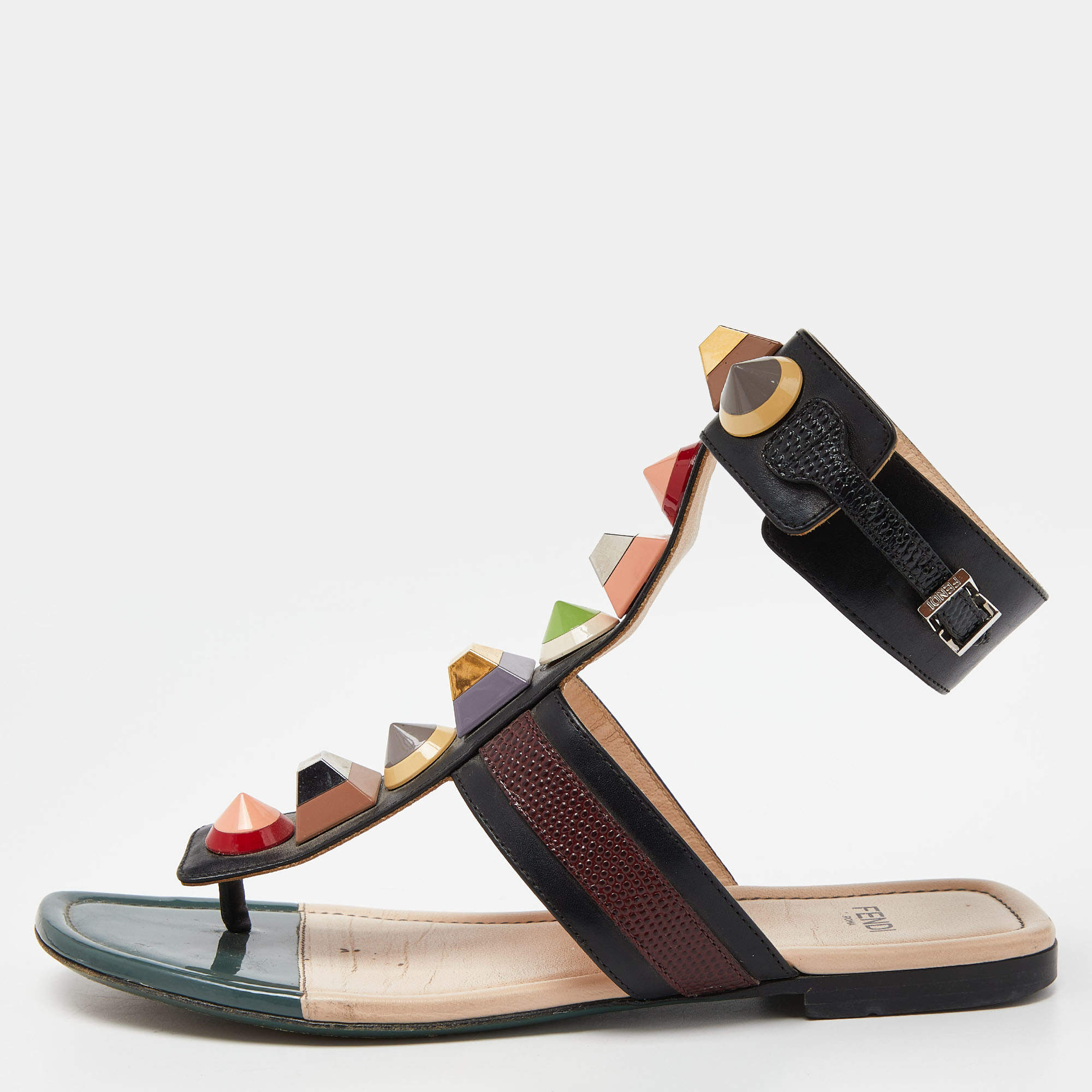 Pre Owned Fendi Multicolor Leather Studded Ankle Strap Flat Sandals Size 35