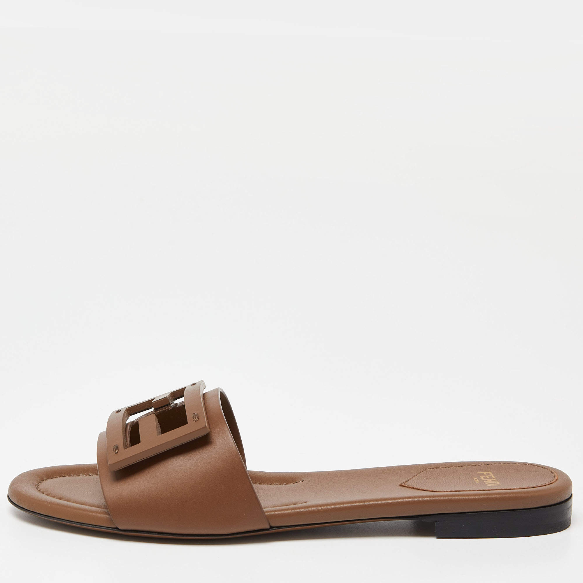 Pre Owned Fendi Brown Leather Flat Slide Size 38