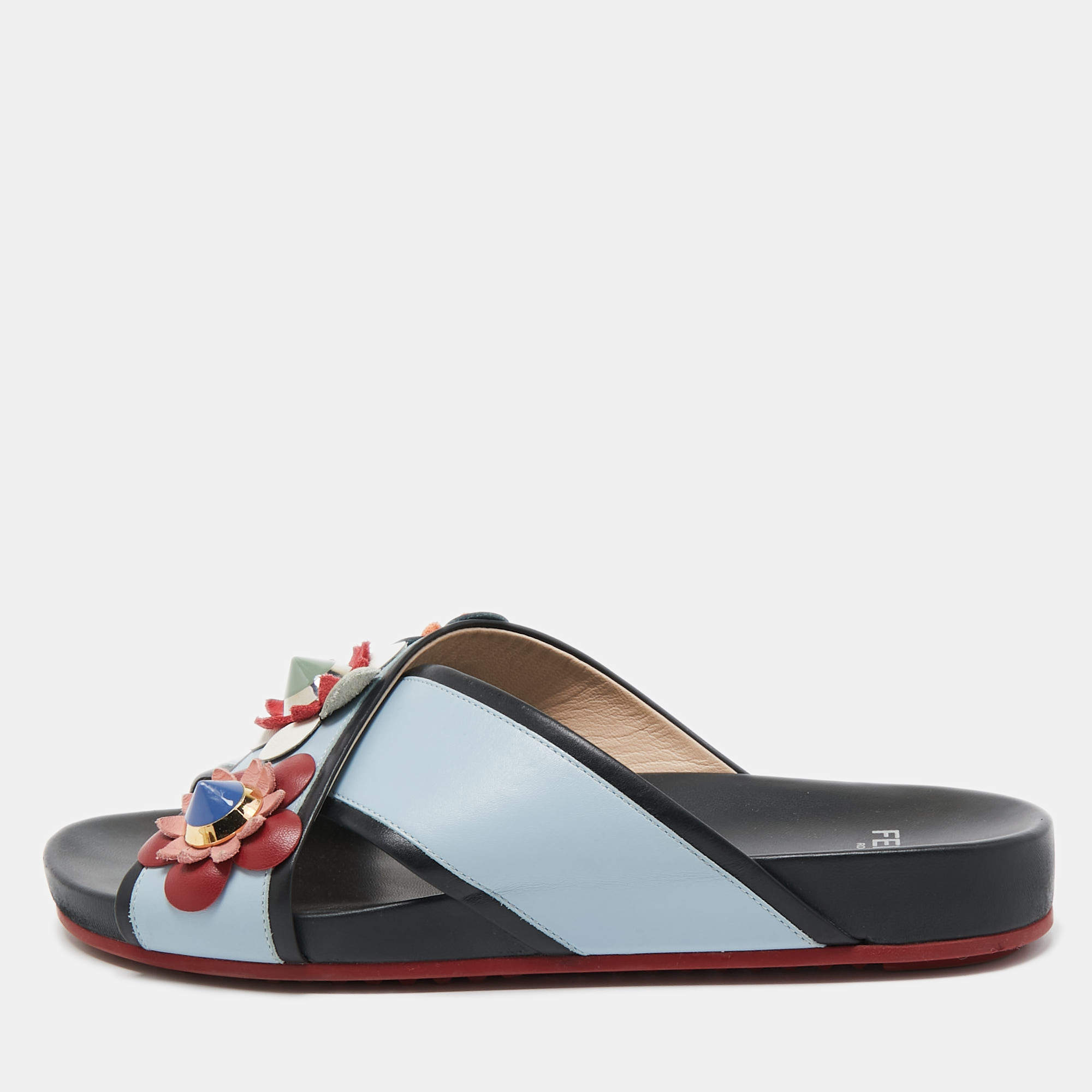 Pre Owned Fendi Blue/Black Leather Flowerland Slides Size 36