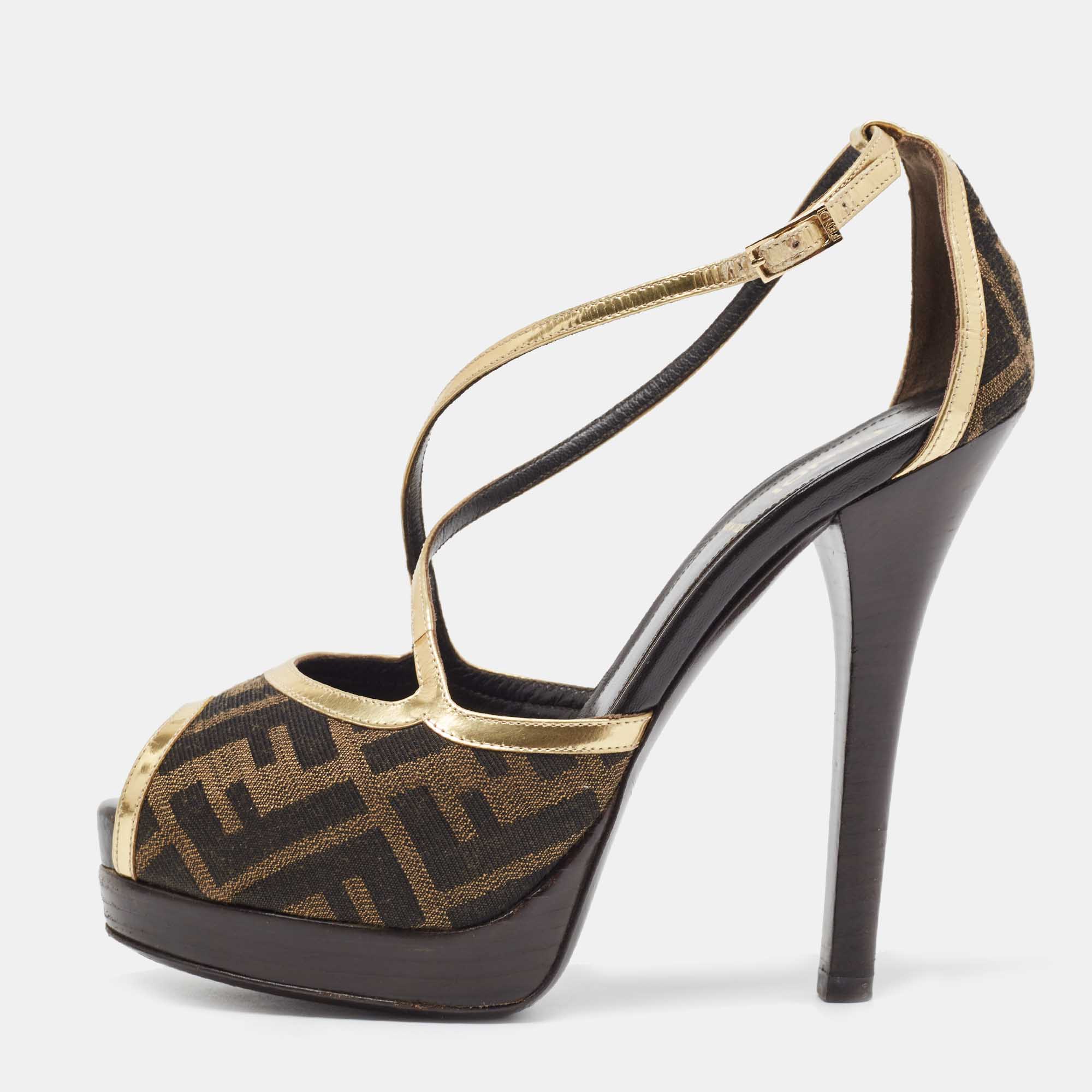 مملوكة مسبقًا Fendi Brown  Zucca Canvas And Gold Leather Trim Cross Strap Platform Sandals  Size 37