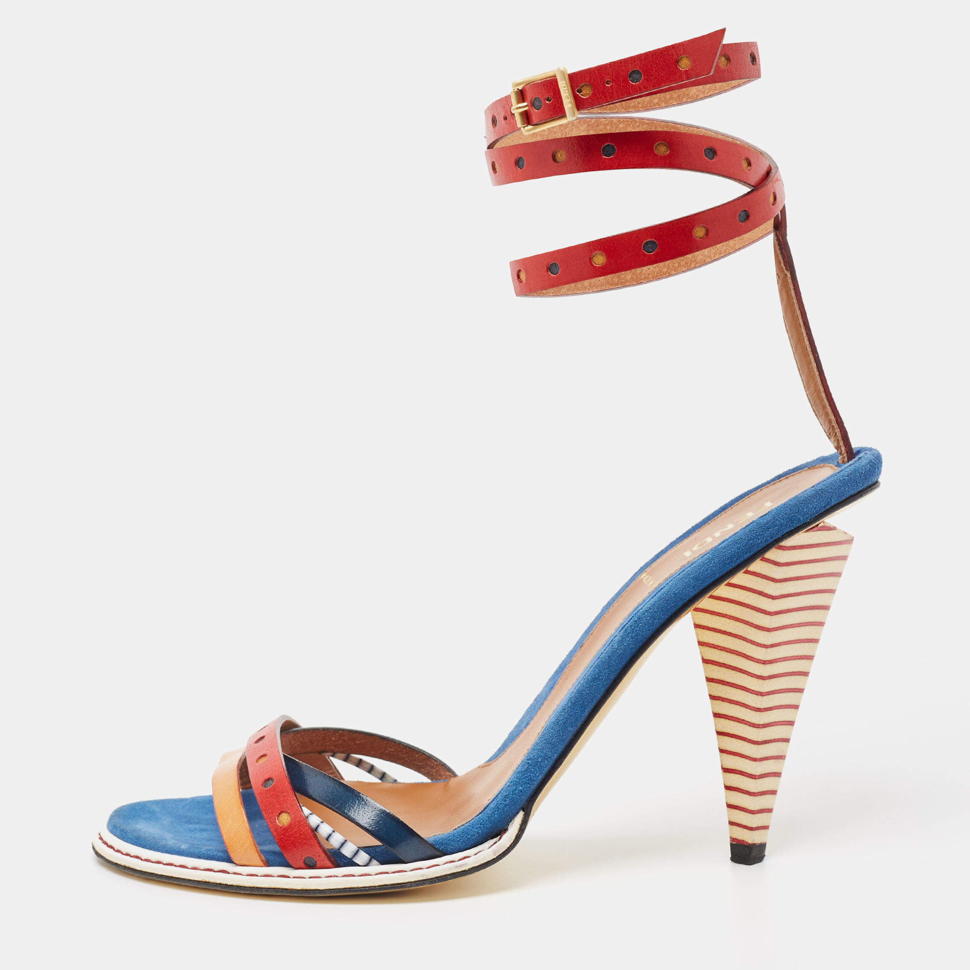 Pre Owned Fendi Multicolor Leather Strappy Ankle Wrap Sandals Size 38.5