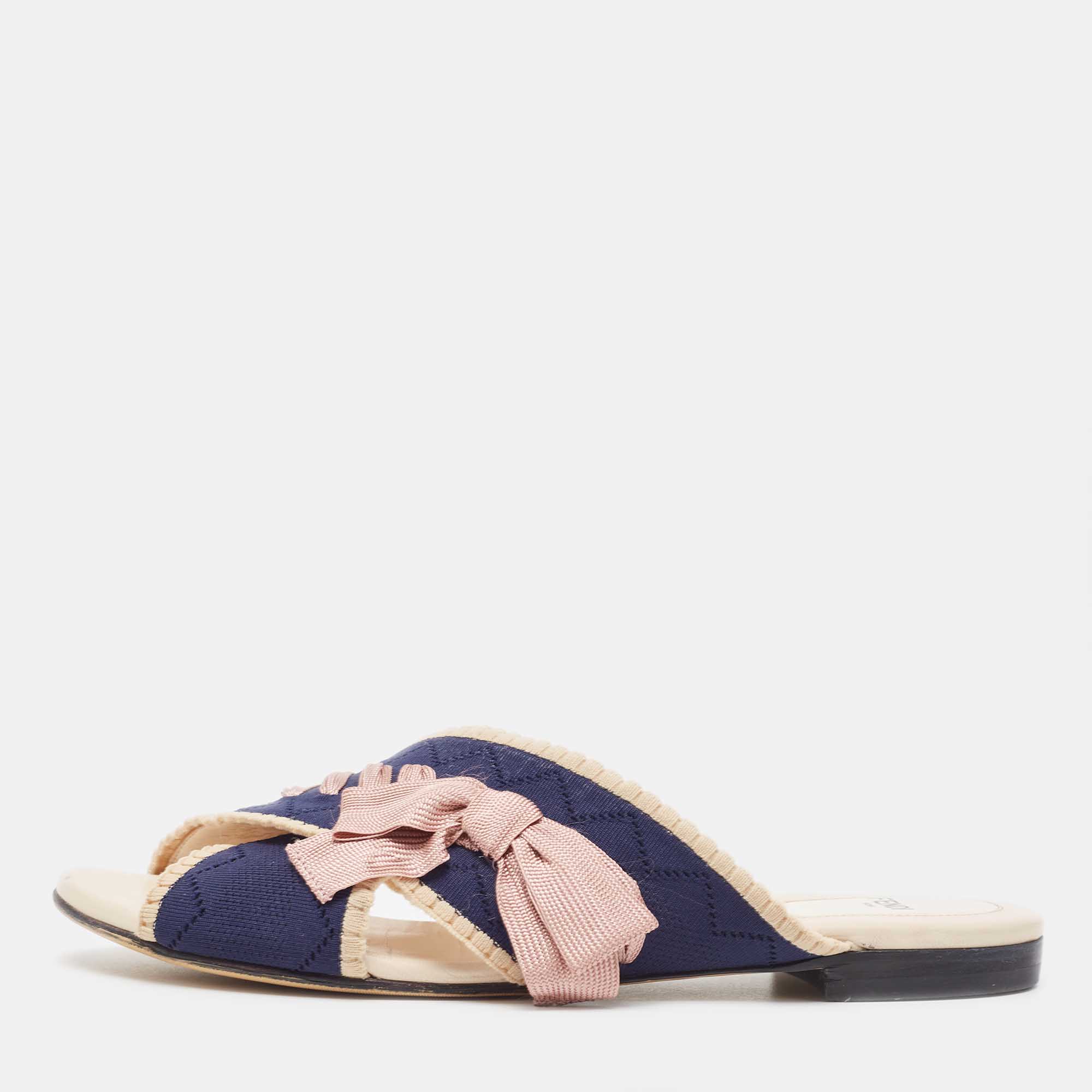 Fendi Navy Blue/ Pink Crisscross Fabric Bow Flat Slides Size 39